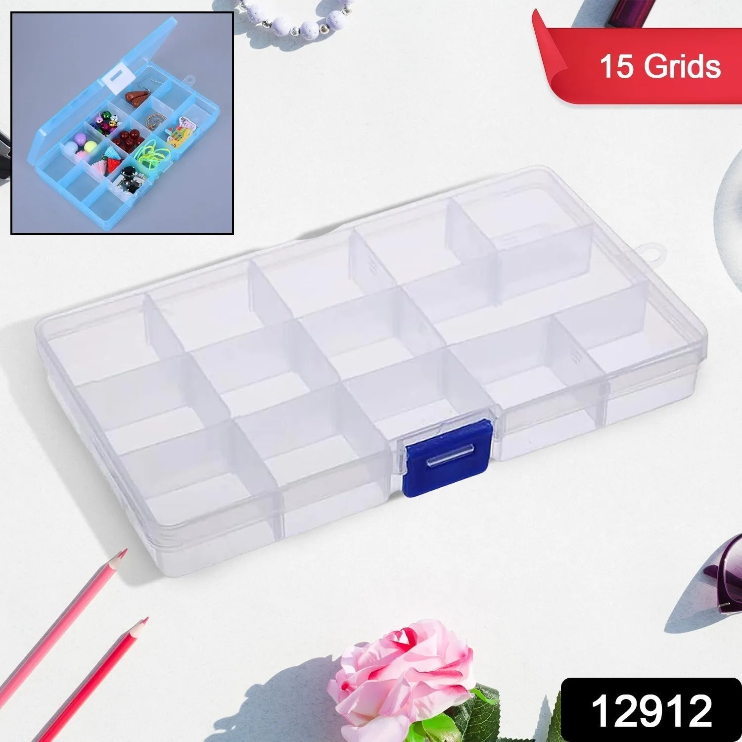 15 Grids Jewelry Organizer Plastic Jewelry Organizer Box Clear Jewelry Organizer Box Plastic Bead Organizers with Adjustable Dividers for Herbs Pills Bead, Jewelry, and Other Small Item (1 Pc)