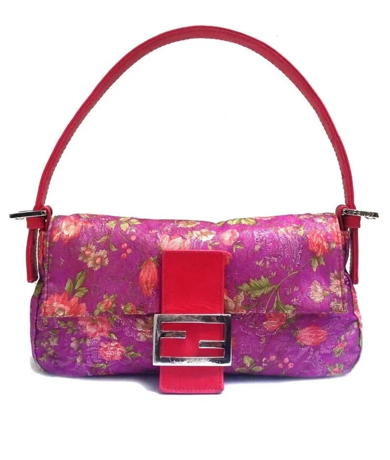 2000S Fendi pink flower print satin baguette bag with leather strap