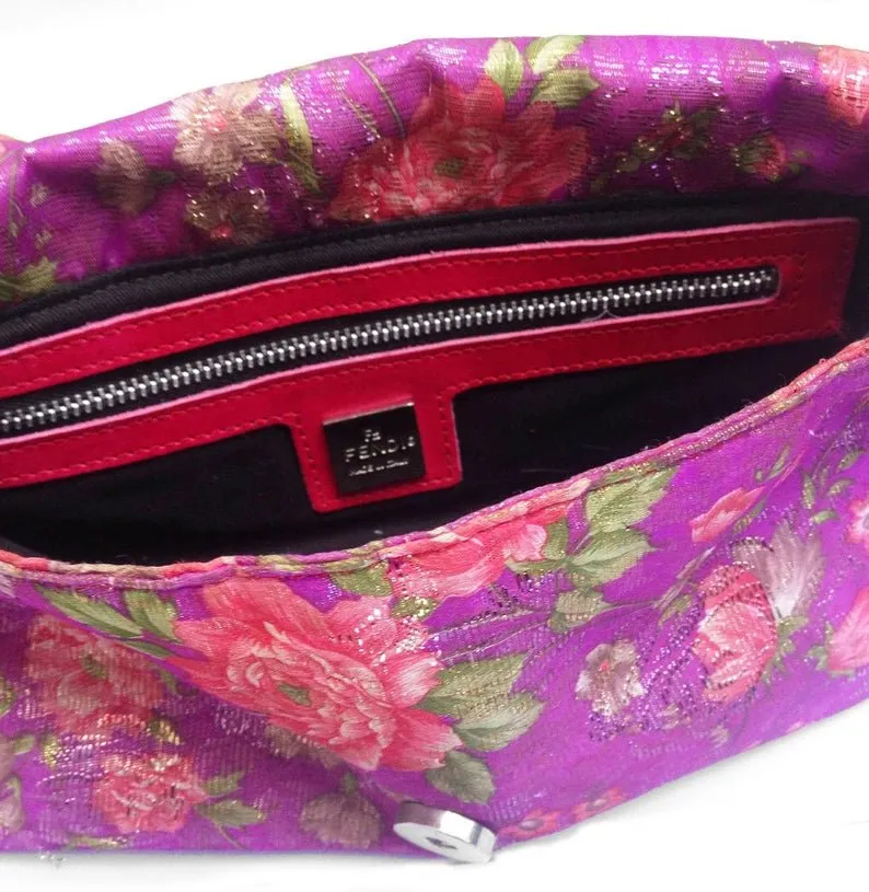 2000S Fendi pink flower print satin baguette bag with leather strap