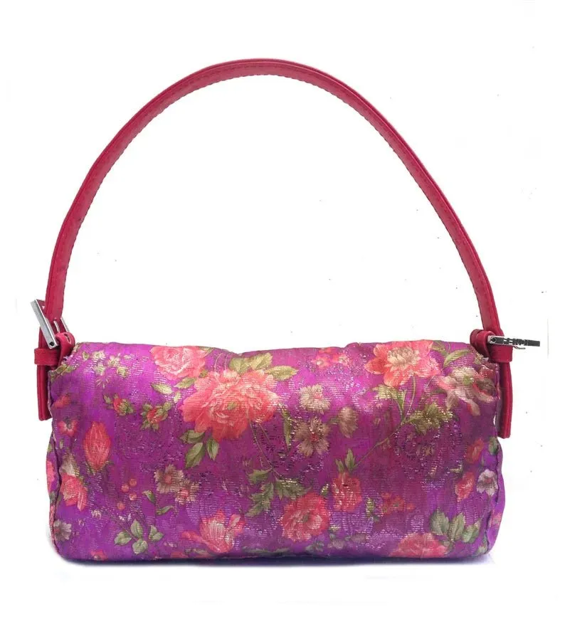 2000S Fendi pink flower print satin baguette bag with leather strap