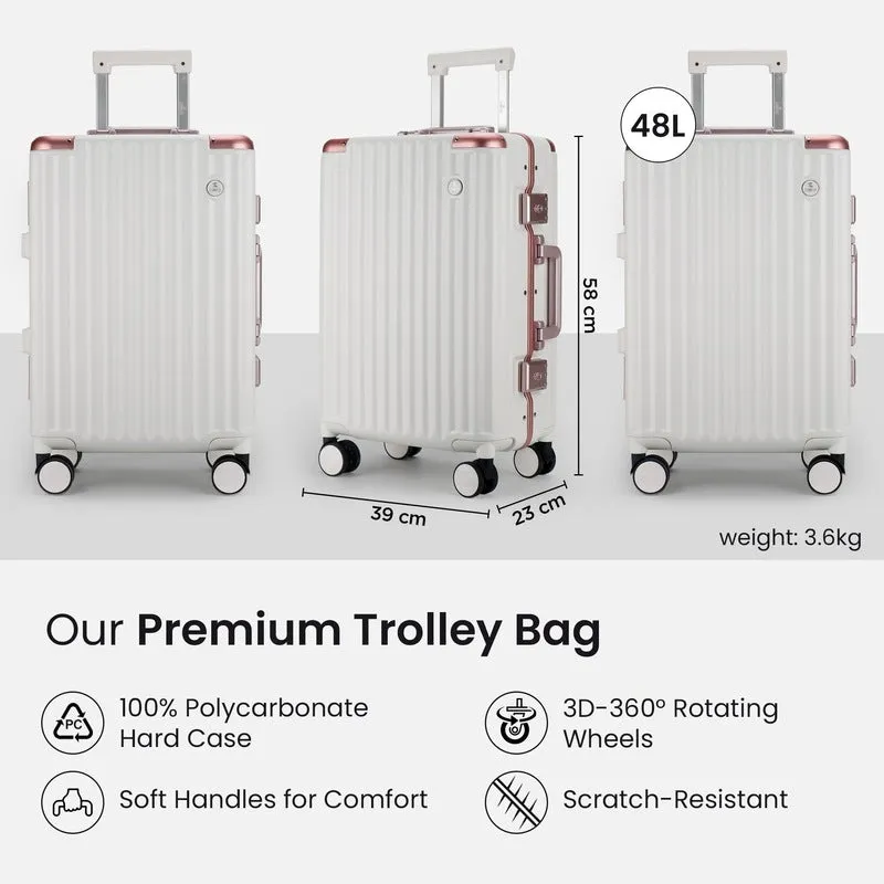 20inch Cabin Trolley Bag - Hardshell, TSA Lock, 360° Wheels | For Airport & Everyday | 48L | White, Rose Gold