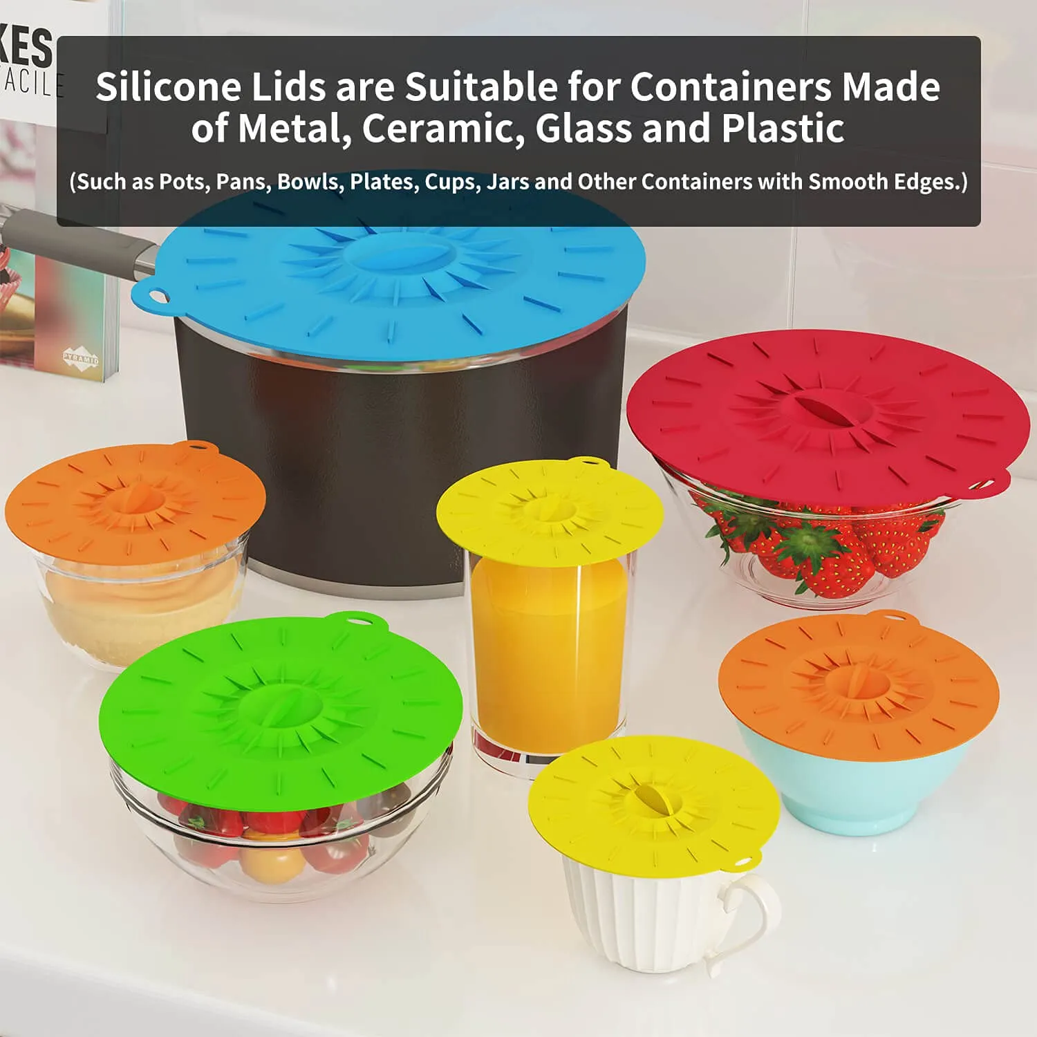 7 Pack Silicone Lids, Microwave Splatter Cover, 5 Sizes Reusable Heat Resistant Food Suction Lids fits Cups, Bowls, Plates, Pots, Pans, Skillets, Stove Top, Oven, Fridge BPA Free, Mothers Day Gifts