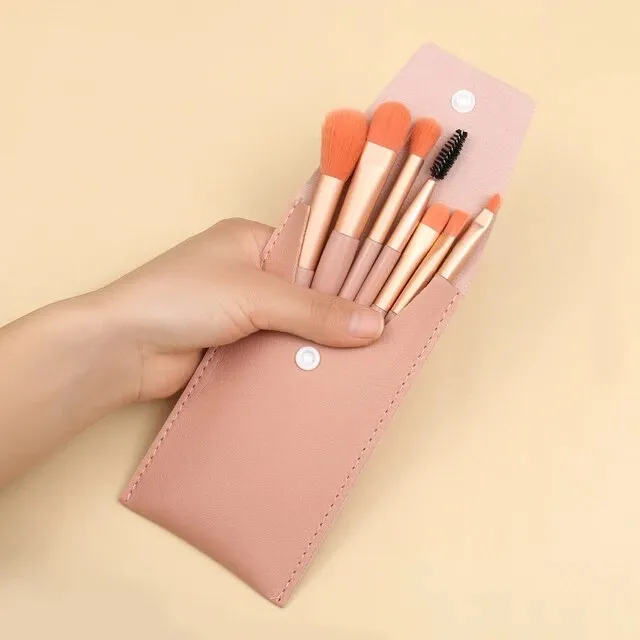 8 mini makeup brush set Morandi portable makeup brush soft hair beauty tool brush with leather bag cover