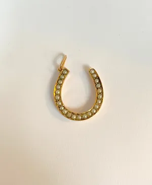 9ct Gold, Victorian Seed Pearl Lucky Horse Shoe Pendant and Chain