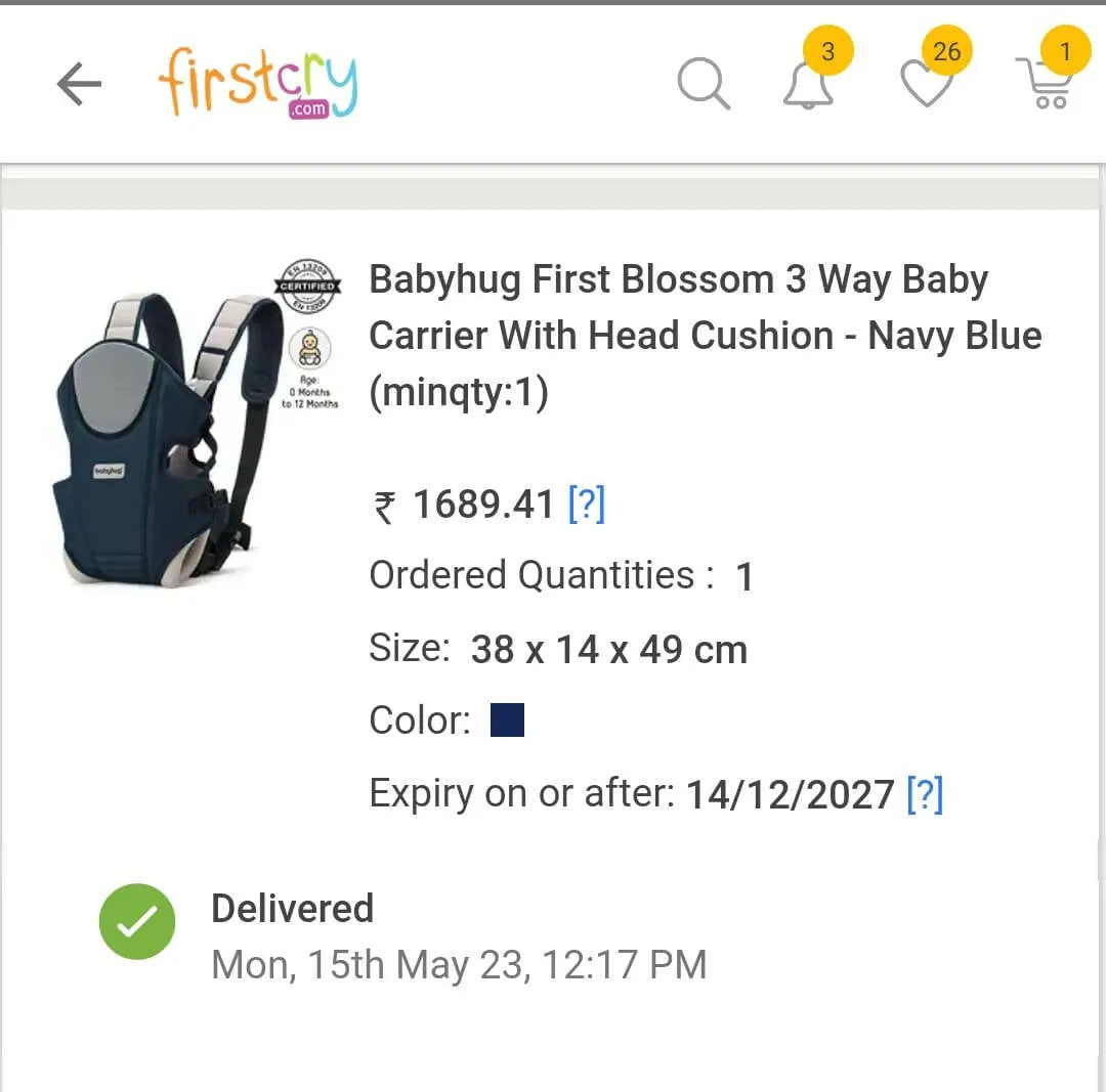 BABYHUG First Blossom 3 Way Baby Carrier With Head Cushion - Navy Blue