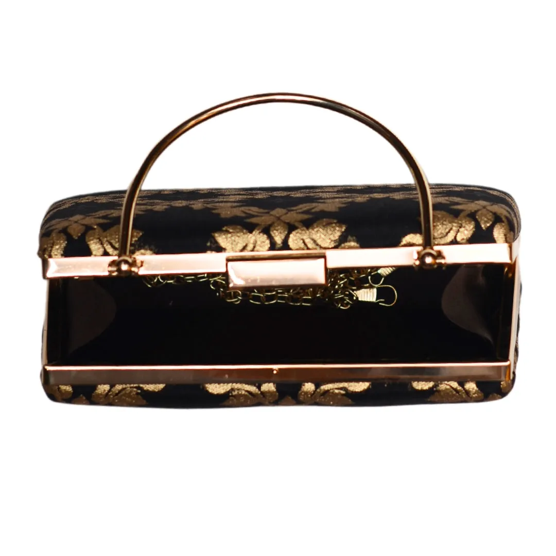 Black And Golden Brocade Fabric Clutch