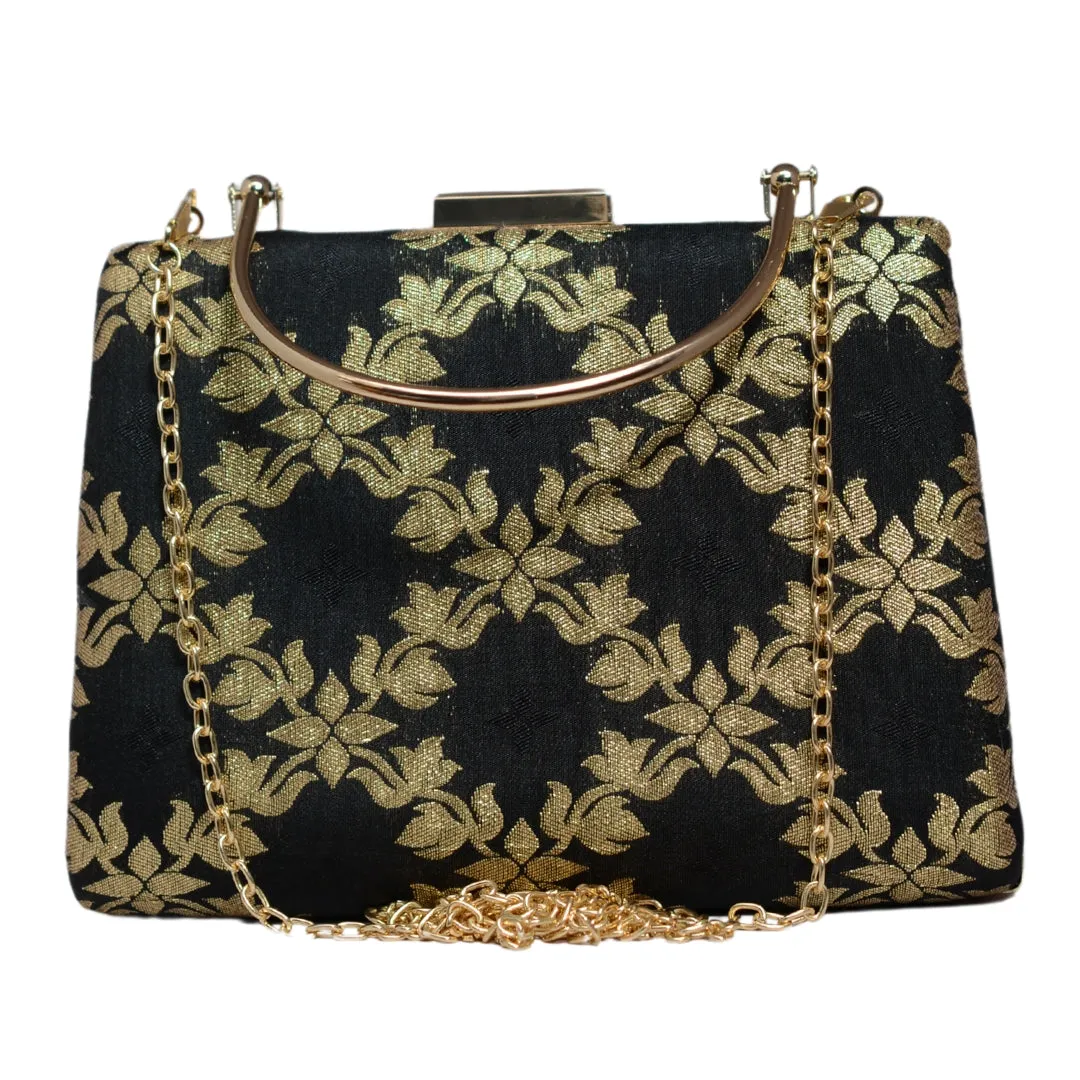 Black And Golden Brocade Fabric Clutch