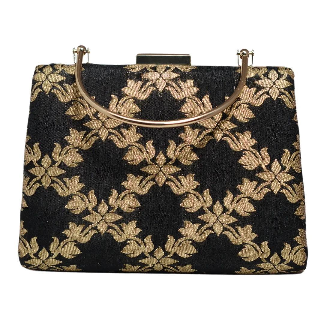 Black And Golden Brocade Fabric Clutch