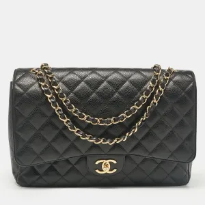 Black Caviar Quilted Leather Maxi Classic Double Flap Bag