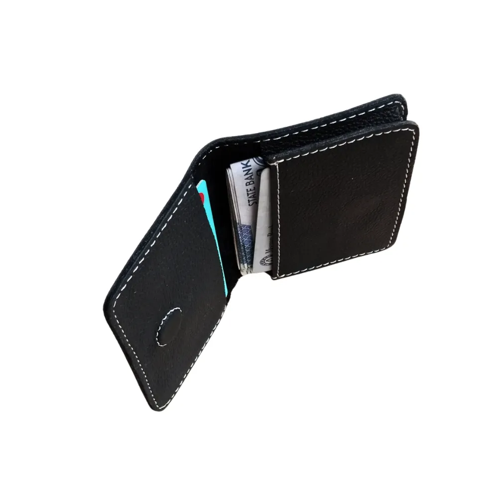 Black Leather Mini Wallet - Hidden Magnetic Closure