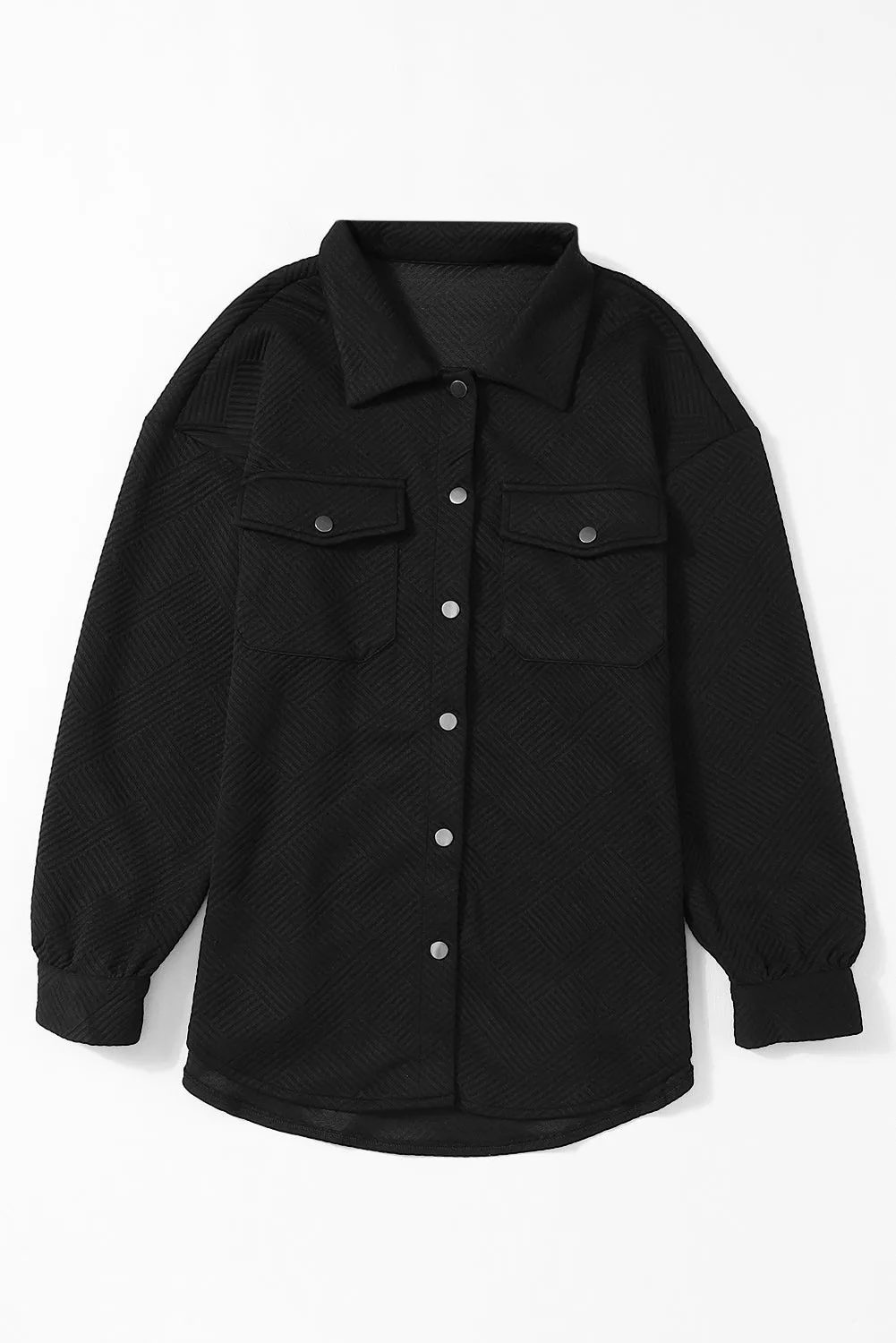 Black Solid Textured Flap Pocket Buttoned Shacket