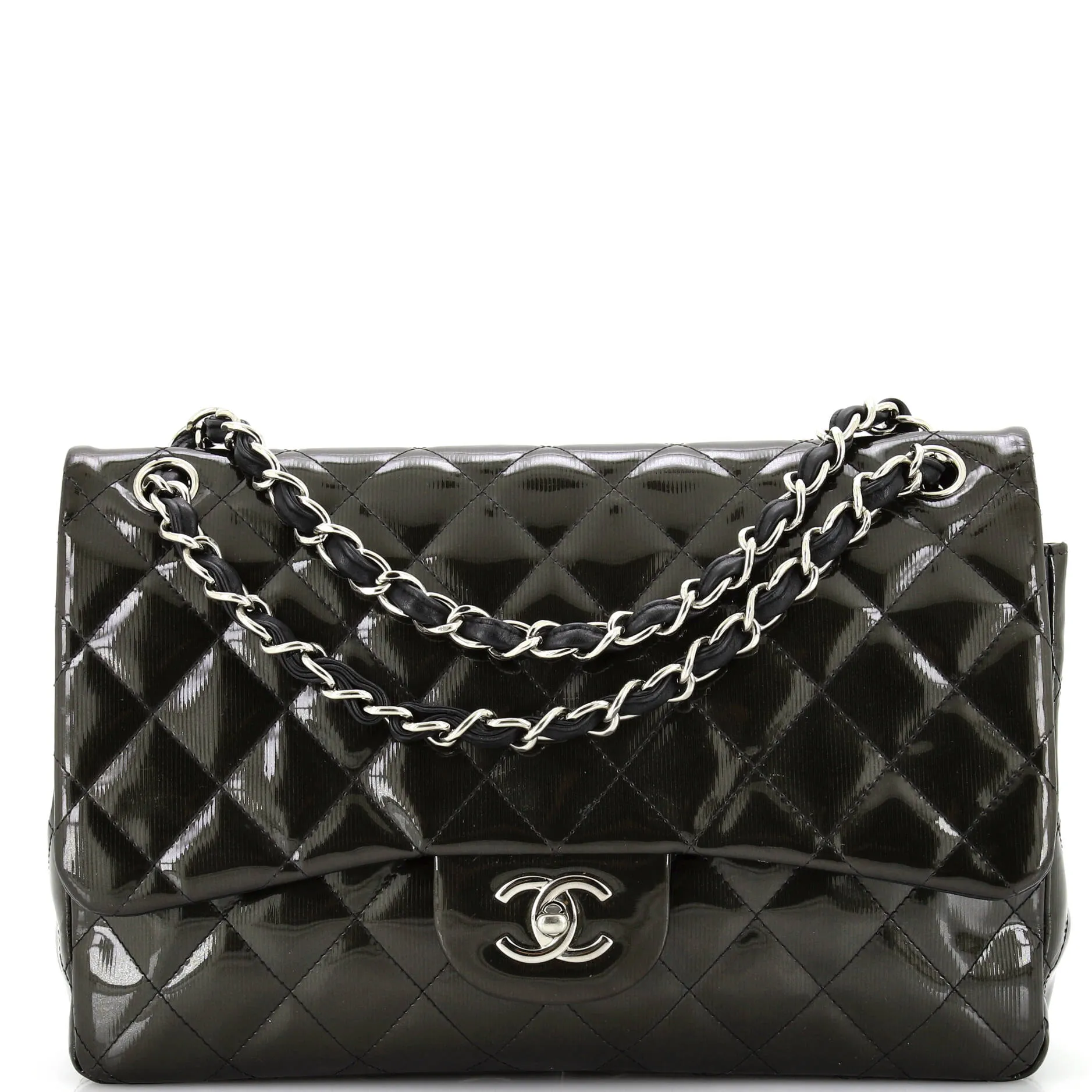 CHANEL Classic Double Flap Bag Quilted Striated Metallic Patent Jumbo