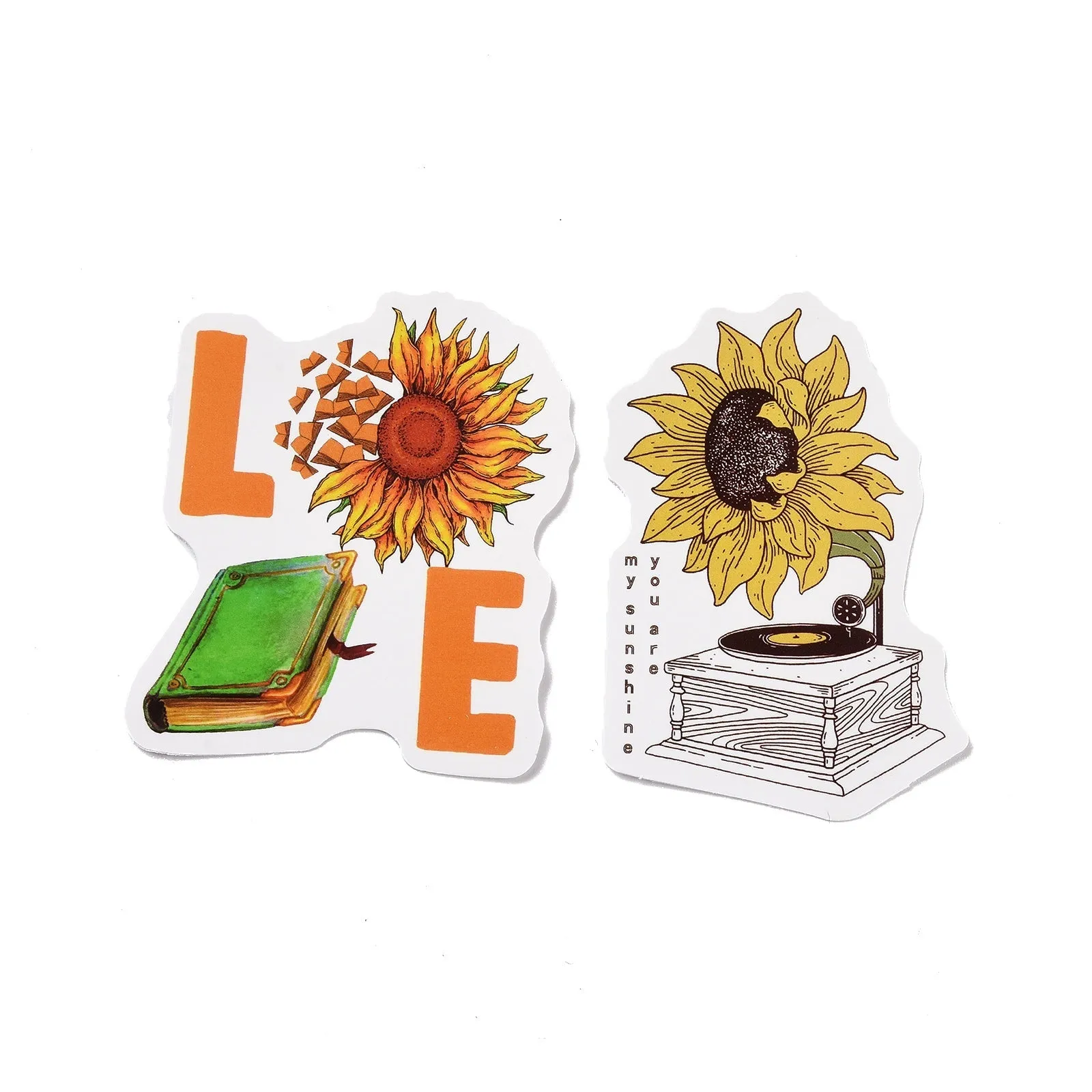 Craspire 50Pcs Cartoon Sunflower Paper Sticker Label Set, Adhesive Label Stickers, for Suitcase & Skateboard & Refigerator Decor, Orange, 25~70x32~75x0.3mm, 5bags/set