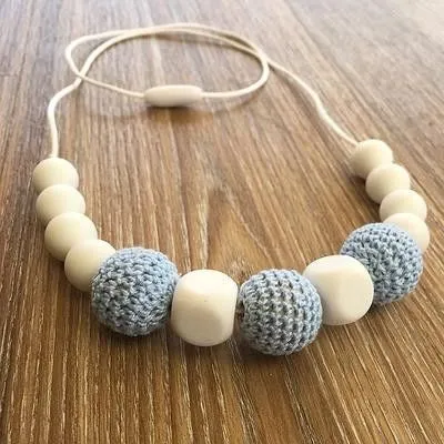 Crochet and Silicone Bead Nursing Necklace - Blue/white