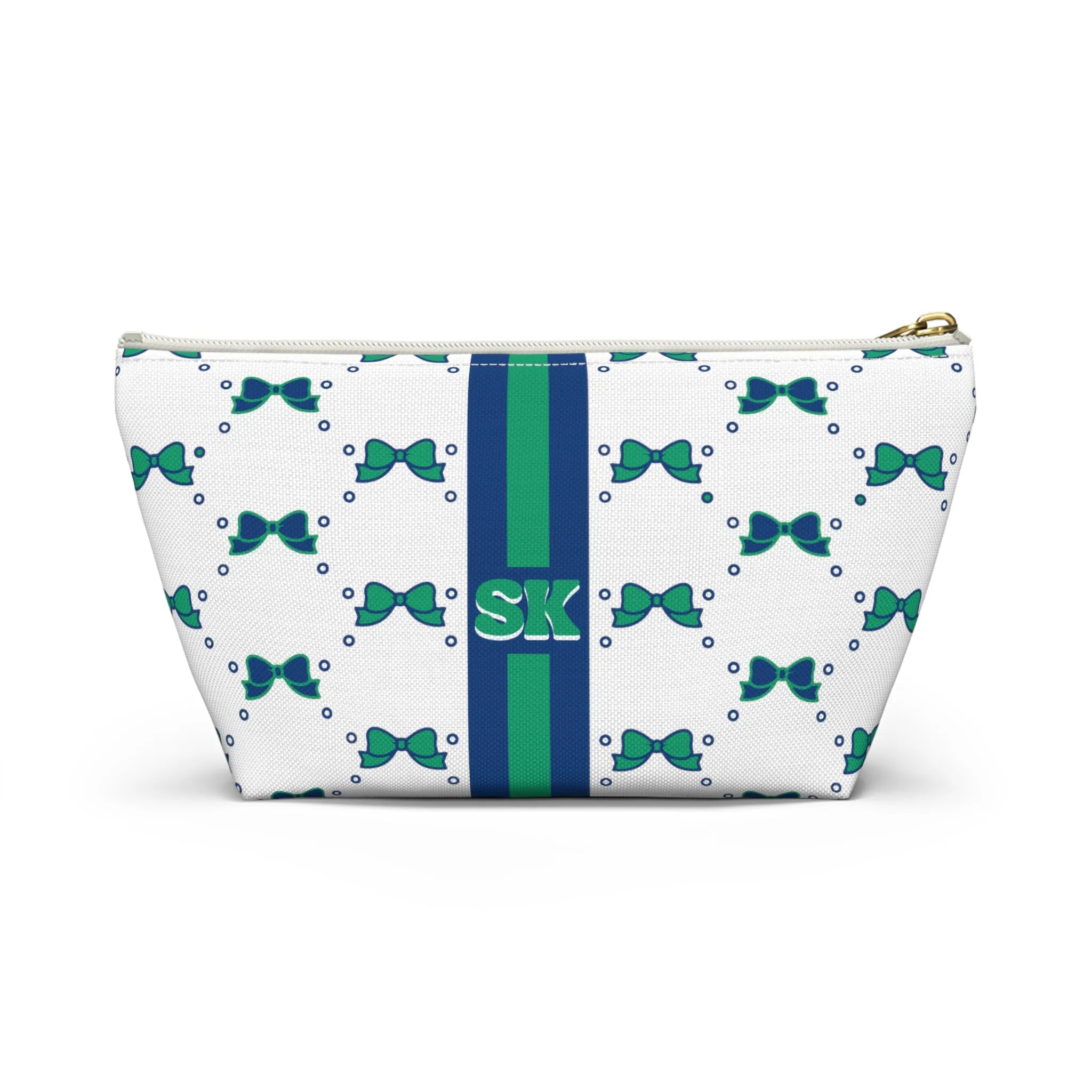 Custom Initial Personalized Bow Makeup Bag - Custom Initial, Makeup Bag, FGCU, Blue & Green, Florida Gulf Coast, Personalized,Bow Aesthetic