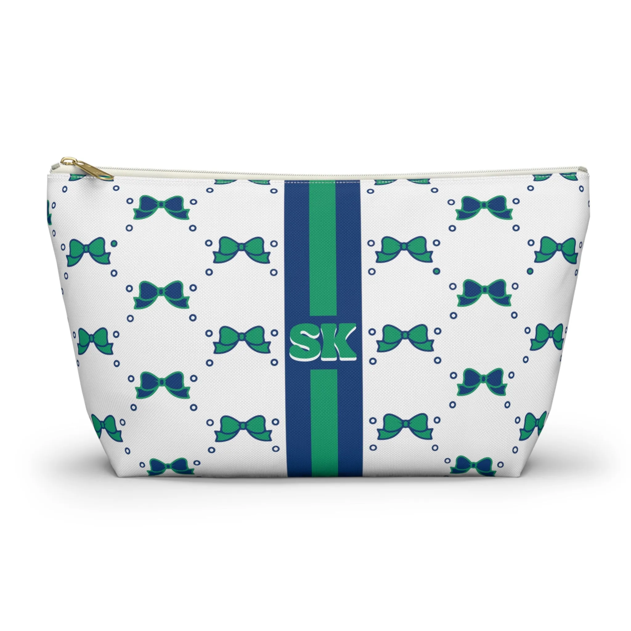 Custom Initial Personalized Bow Makeup Bag - Custom Initial, Makeup Bag, FGCU, Blue & Green, Florida Gulf Coast, Personalized,Bow Aesthetic