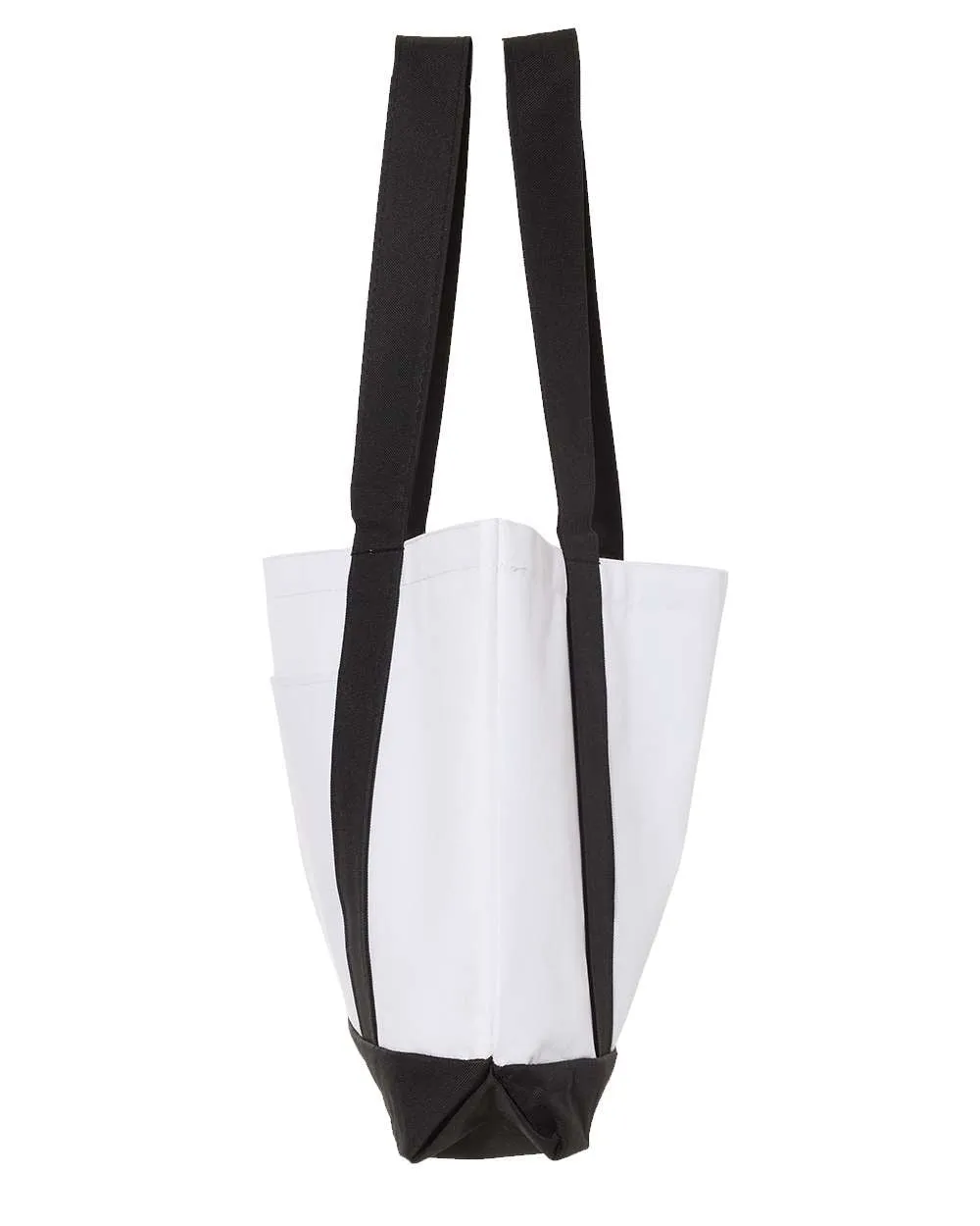 Cyber and Silent Shopping Bag, 18.5"W x 12"H with 3.5" depth. White Polyester with Black Straps and Bottom.