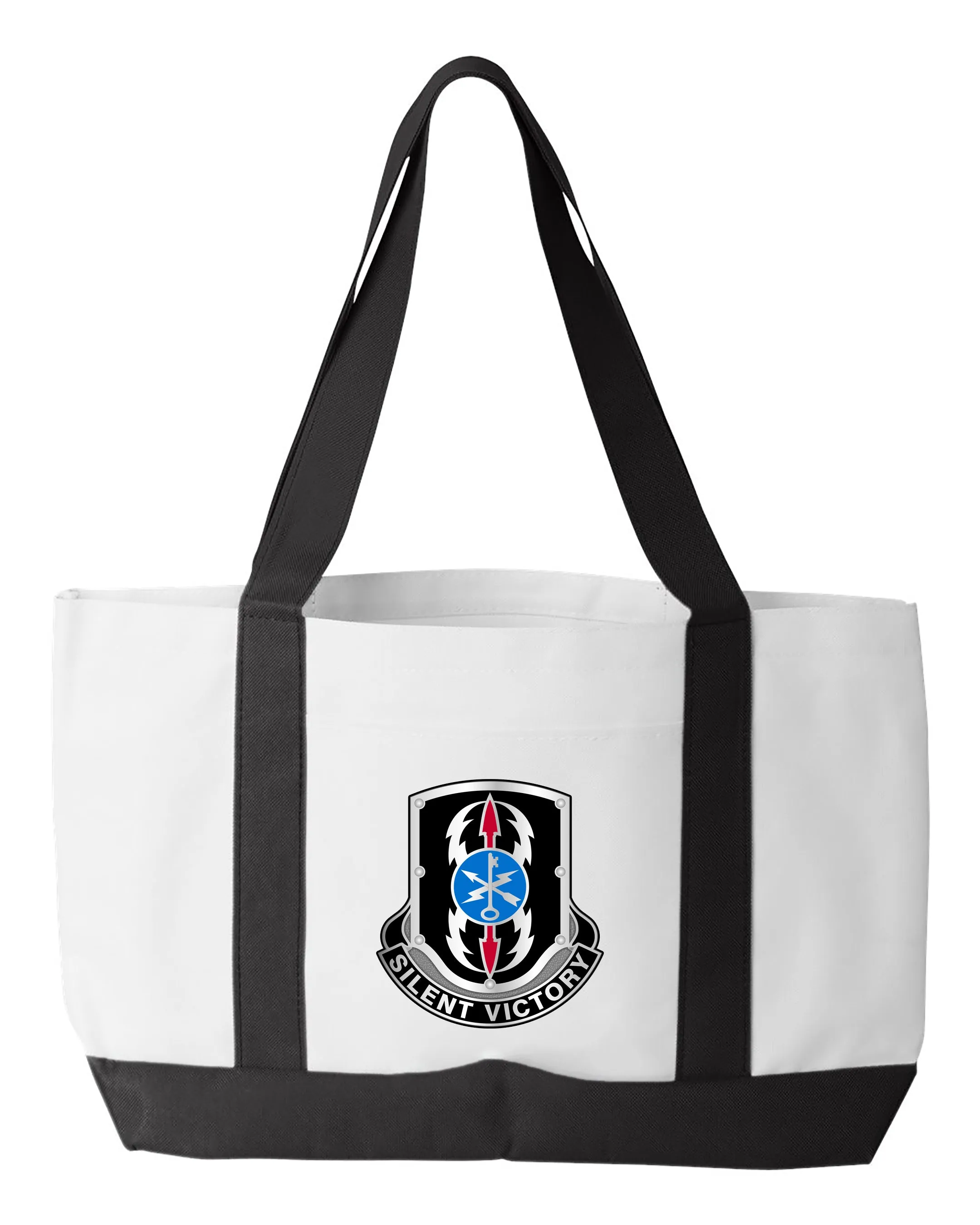 Cyber and Silent Shopping Bag, 18.5"W x 12"H with 3.5" depth. White Polyester with Black Straps and Bottom.