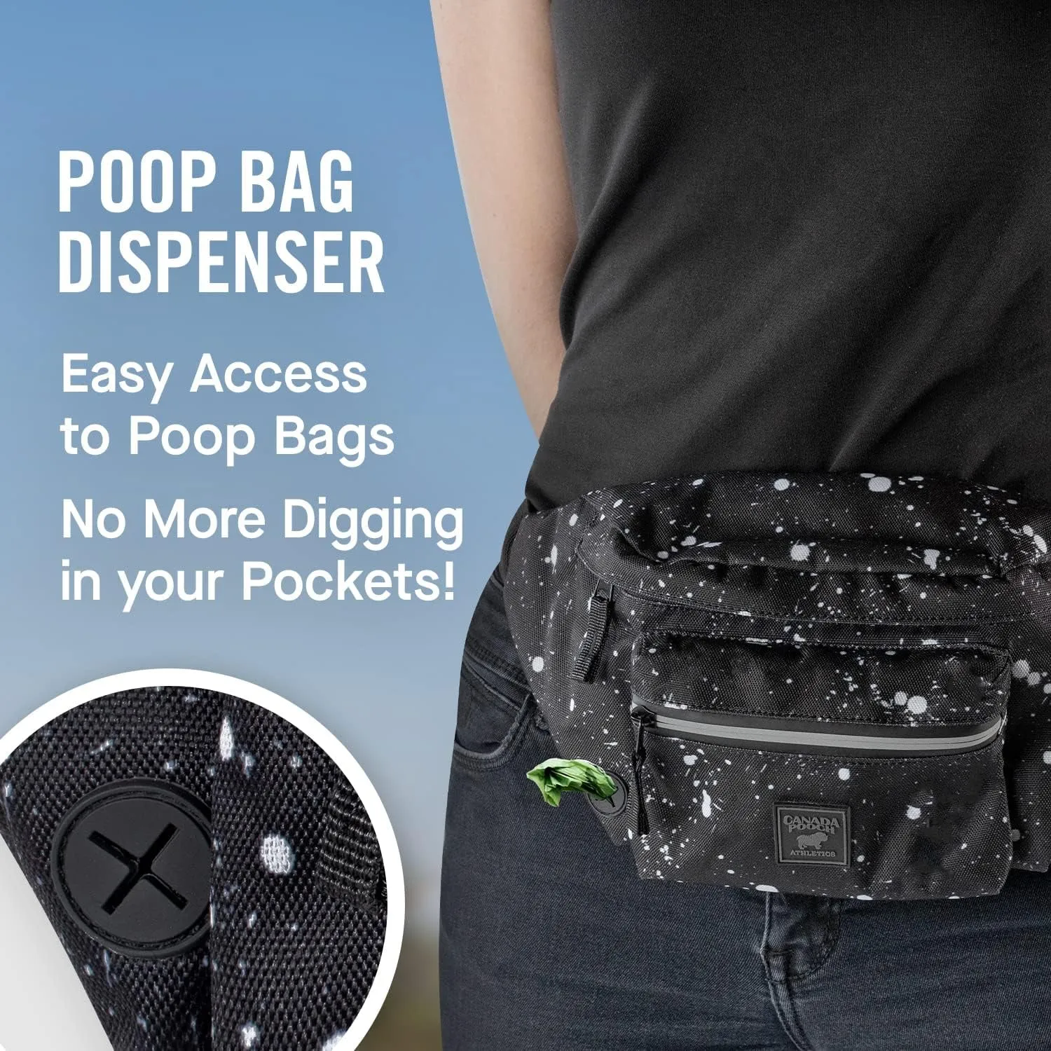 Everything Dog Walking Fanny Pack - Dog Fanny Pack with Dog Poop Bag Dispenser & Dog Treat Pouch, Great as Dog Training Fanny Pack, Adjustable up to 54” - Splatter