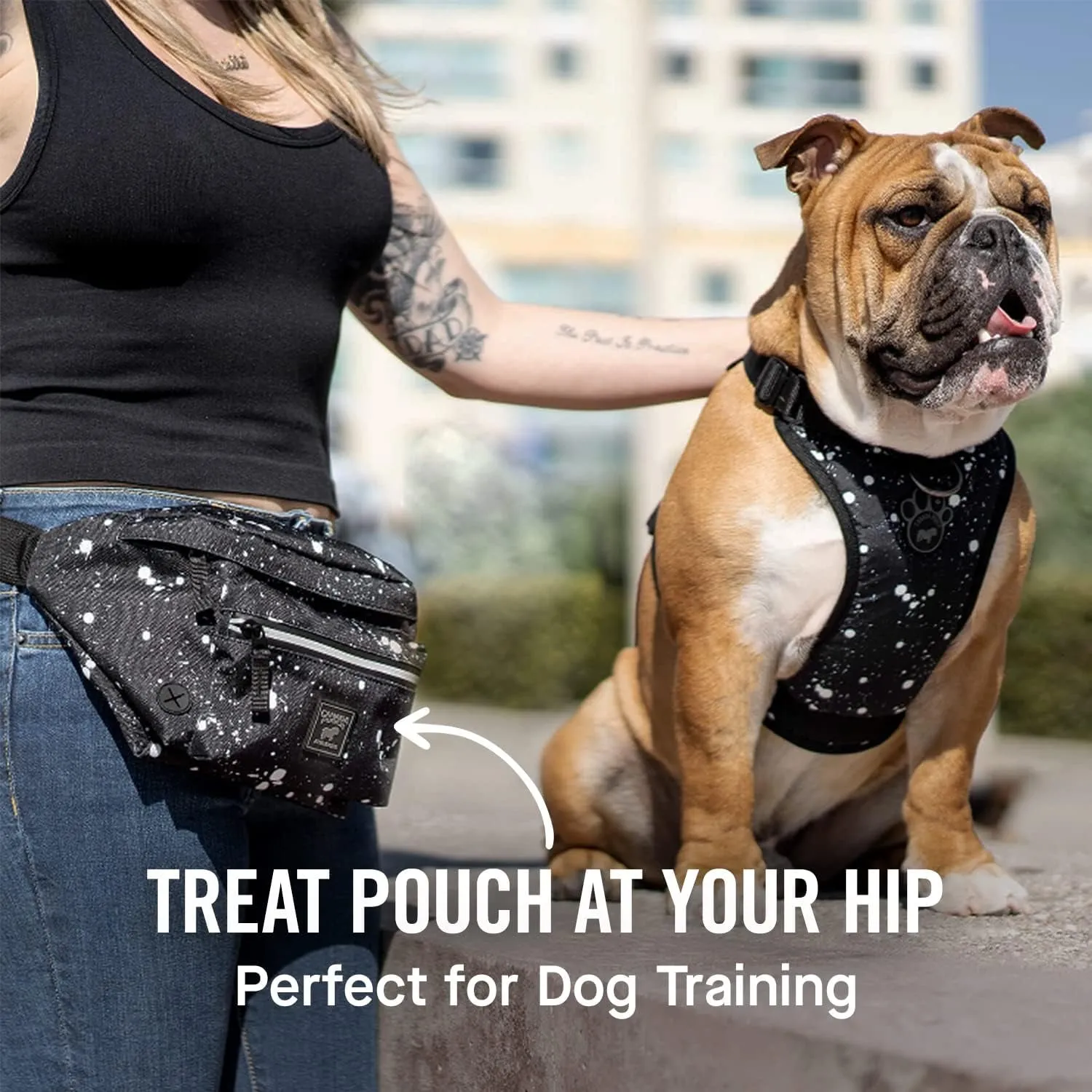 Everything Dog Walking Fanny Pack - Dog Fanny Pack with Dog Poop Bag Dispenser & Dog Treat Pouch, Great as Dog Training Fanny Pack, Adjustable up to 54” - Splatter