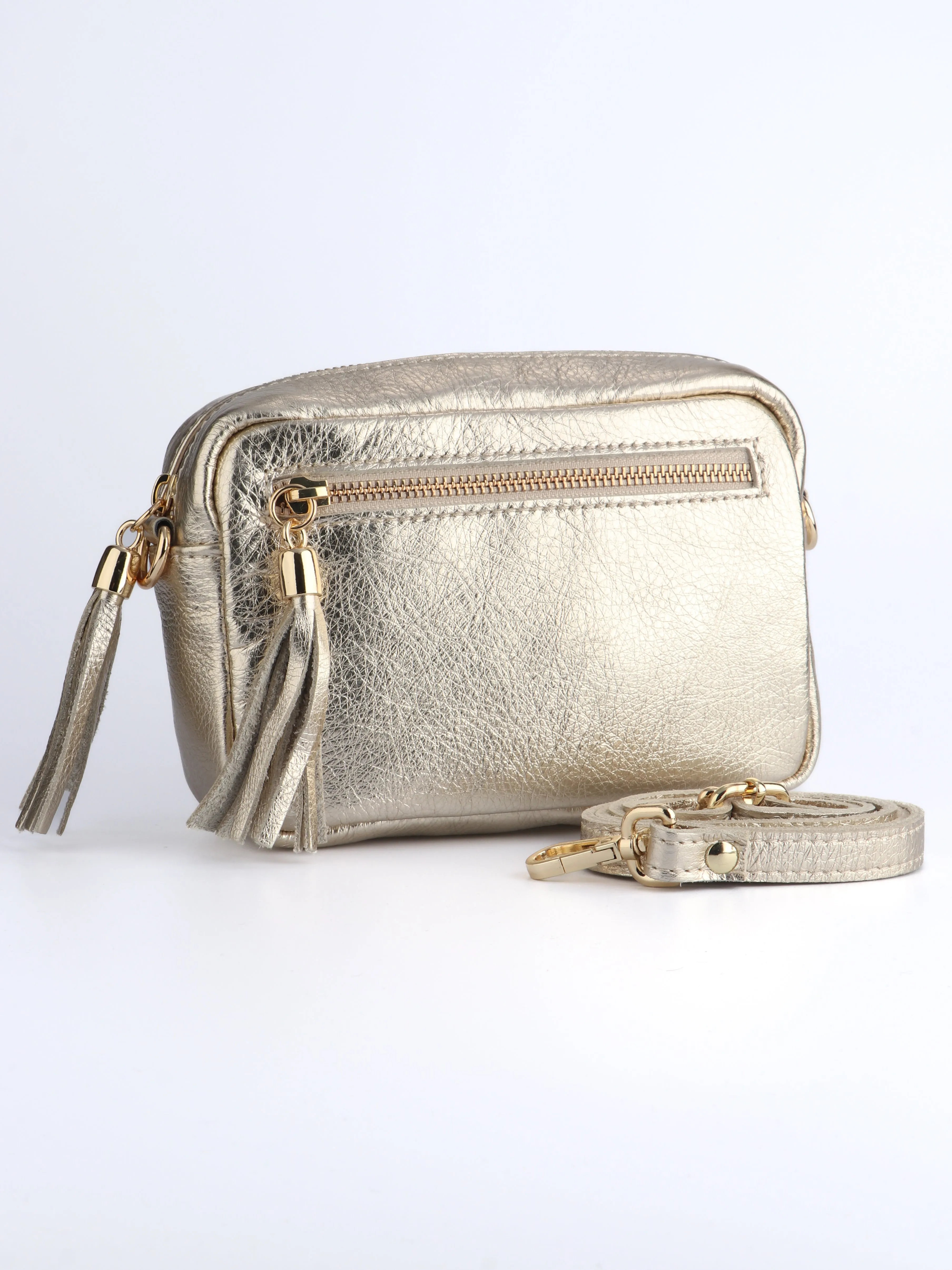 Fleur Italian Leather Crossbody Bag - Gold, Metallic