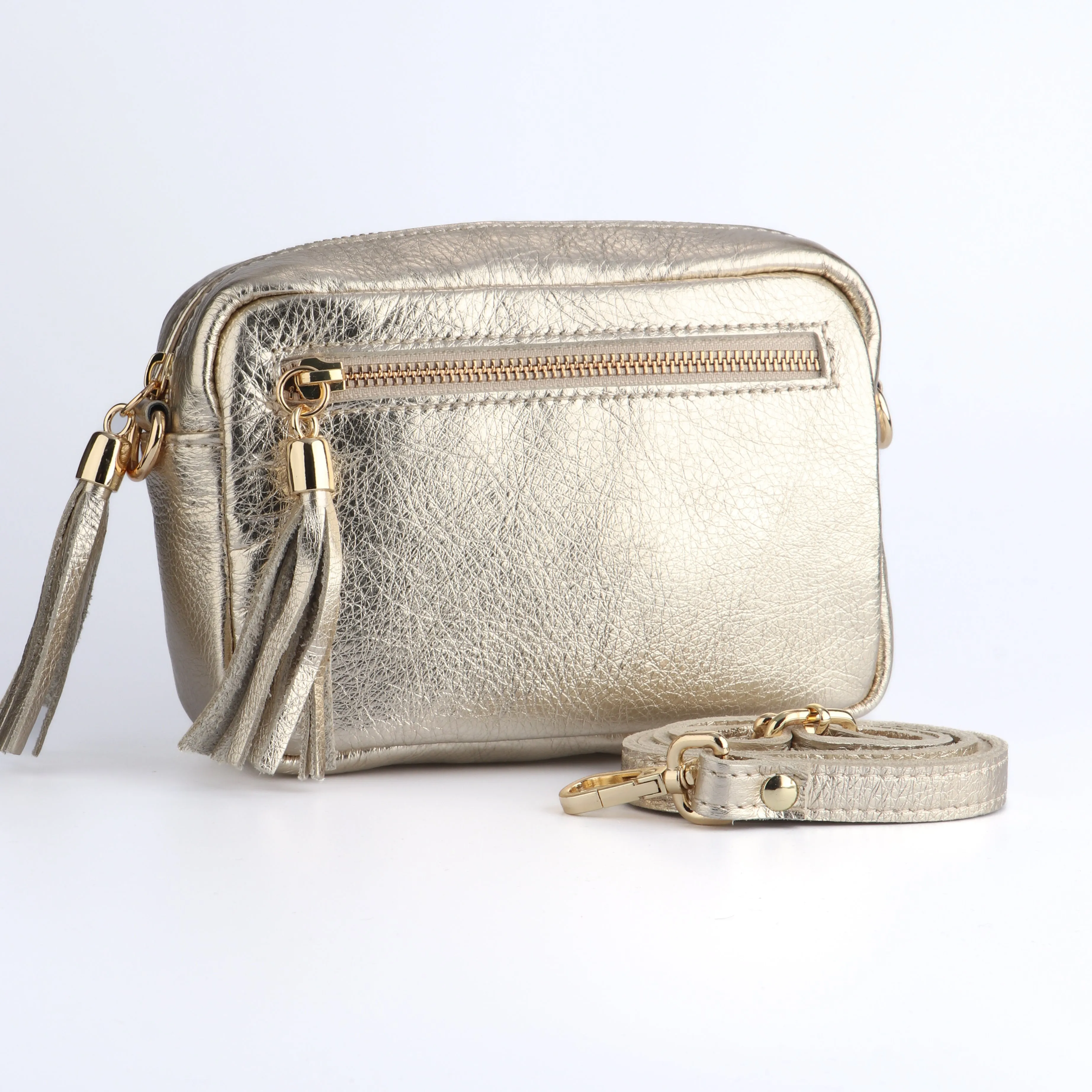 Fleur Italian Leather Crossbody Bag - Gold, Metallic