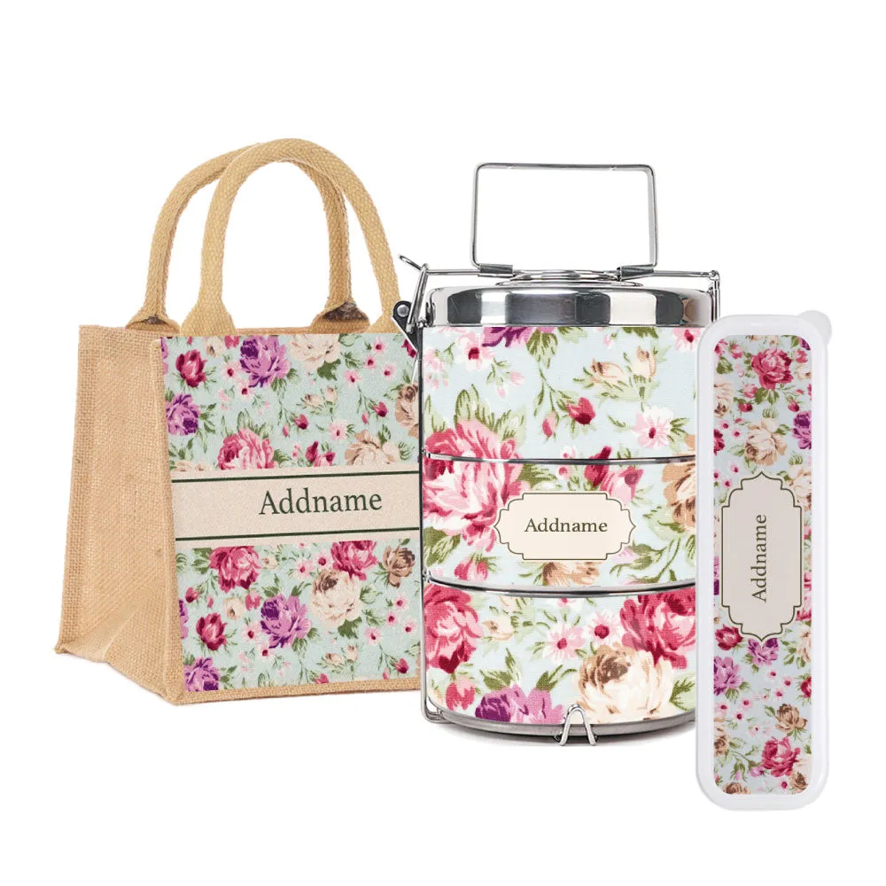 Flora Carnation Tiffin Carrier, Jute Tote Bag  & Cutlery Set [FREE Custom Add Name]