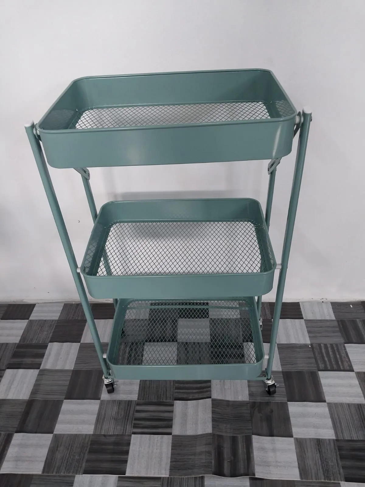 Foldable 3-Tier Metal Storage Organizer Rolling Cart | Green