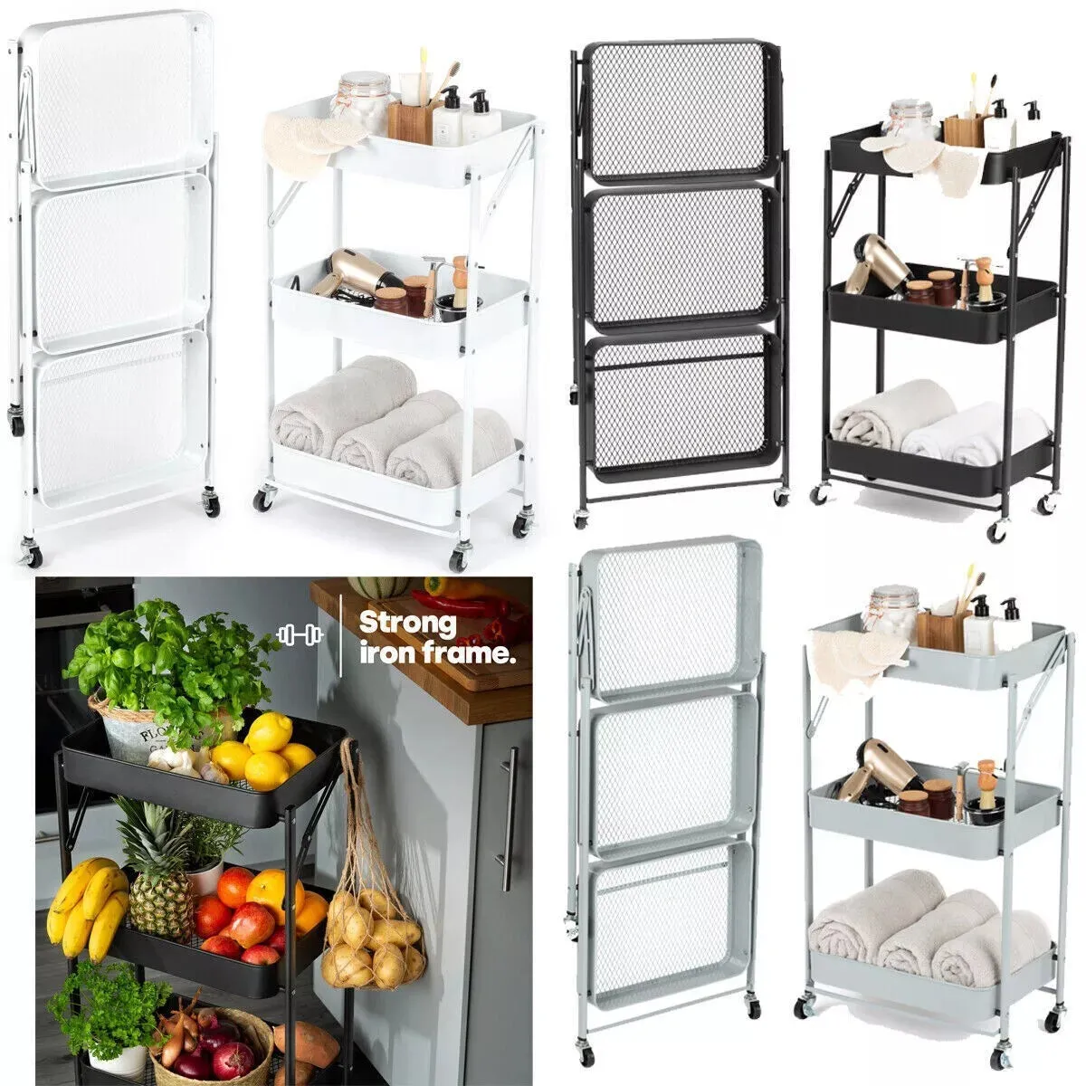 Foldable 3-Tier Metal Storage Organizer Rolling Cart | Green