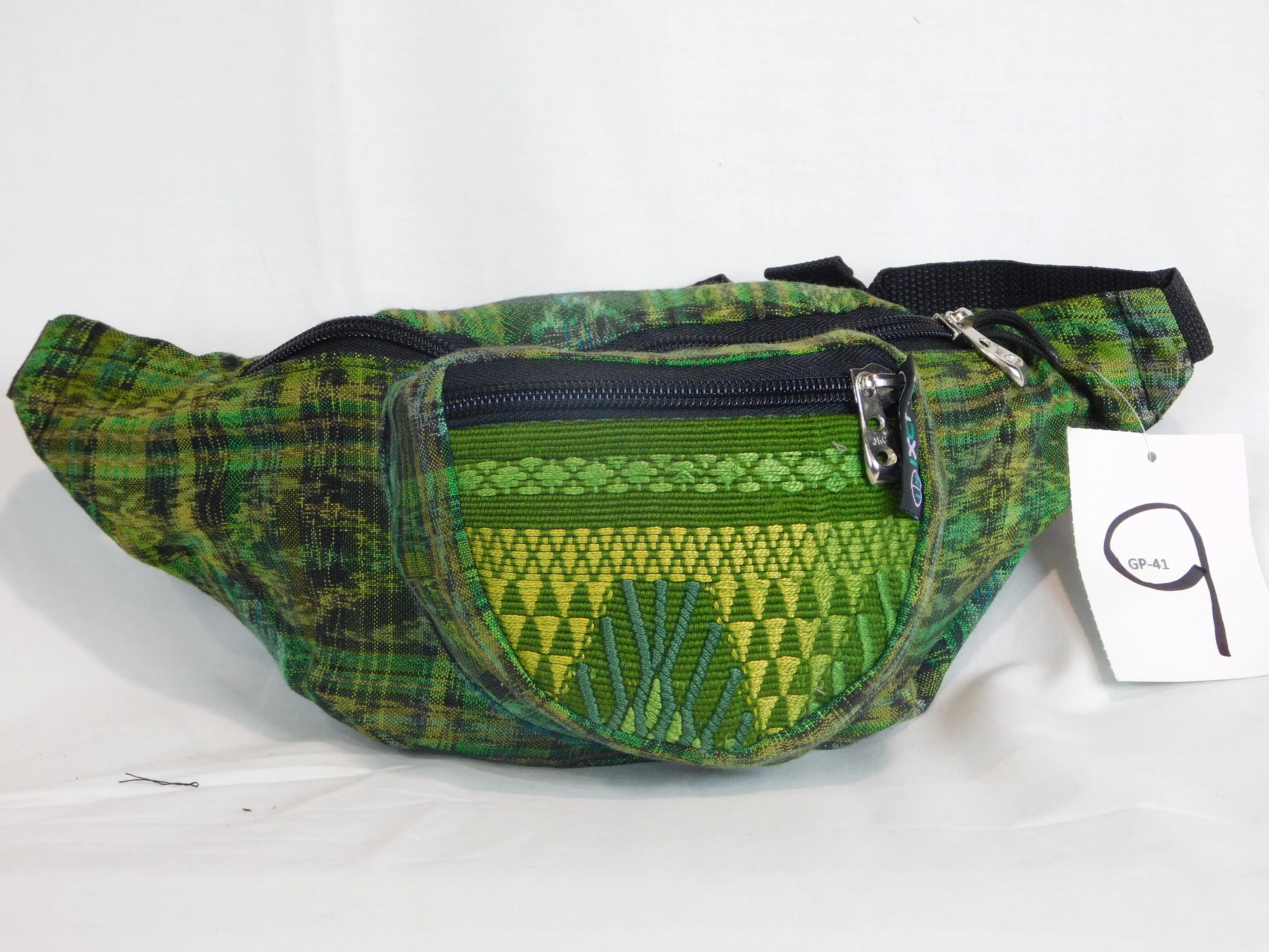 Hand woven waist pack with three pockets & brocade accents