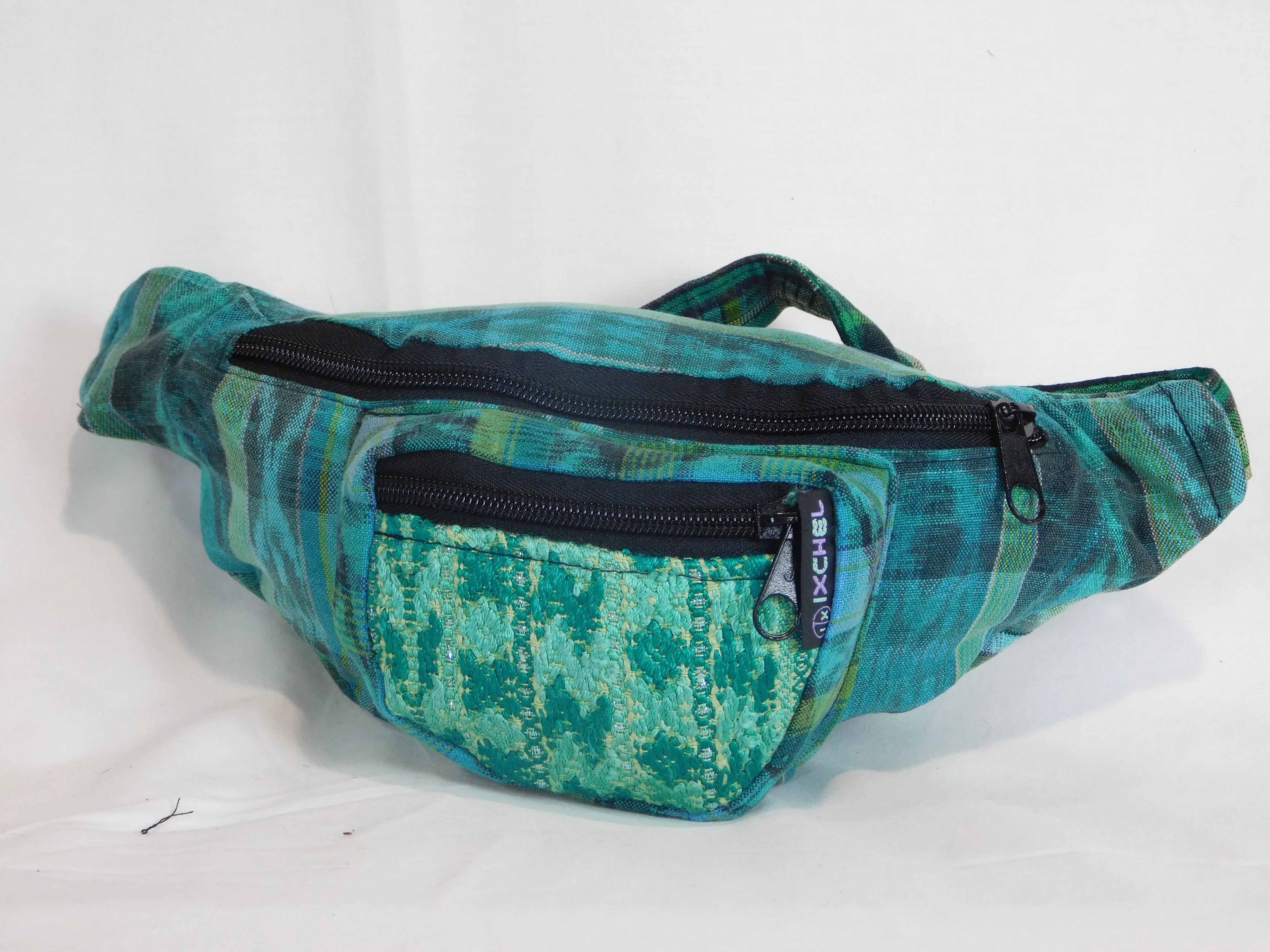 Hand woven waist pack with three pockets & brocade accents