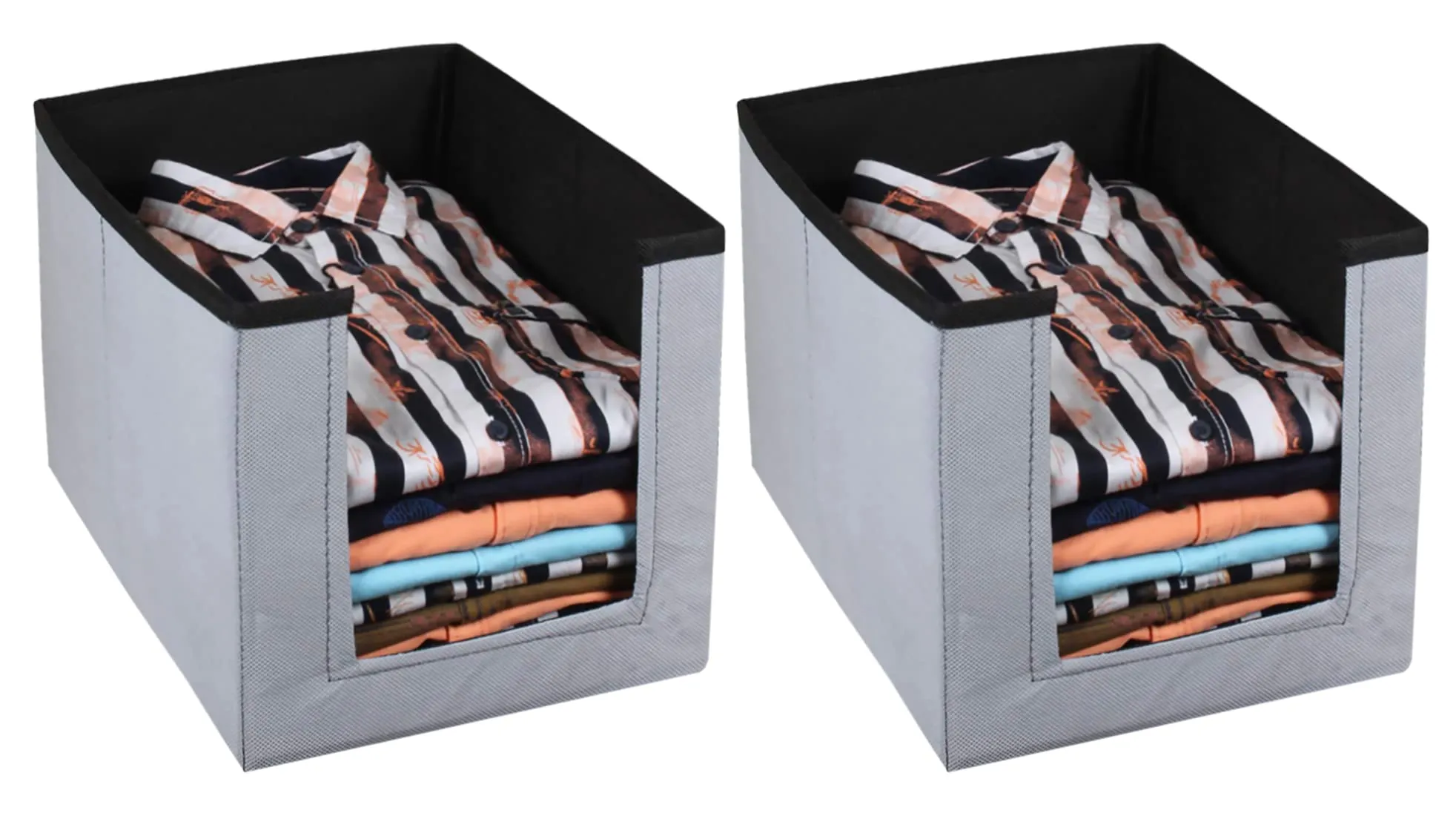 Heart Home Non-Woven Foldable Shirt Stacker Closet Organizer With Handles- Pack of 2 (Black & Grey)-HS43HEARTH26538