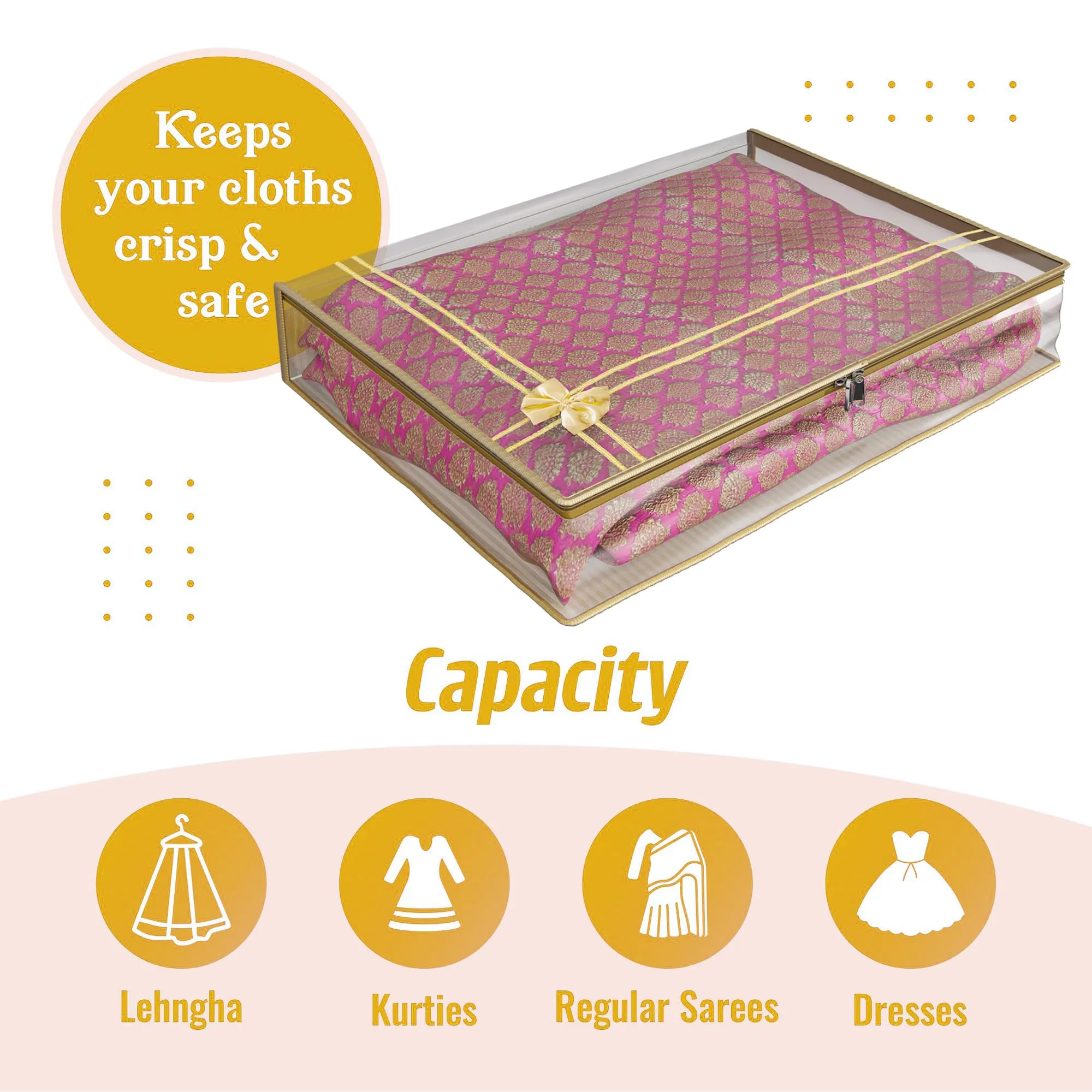 Heart Home Saree Cover | Clothes Storage Bag | Suit Packing Cover | Cloth Stoarge Organizer | Wardrobe Cloth Storage Organiser with Zip | Lining Bow Transparent | 3 Inch | Pack of 6 | Gold