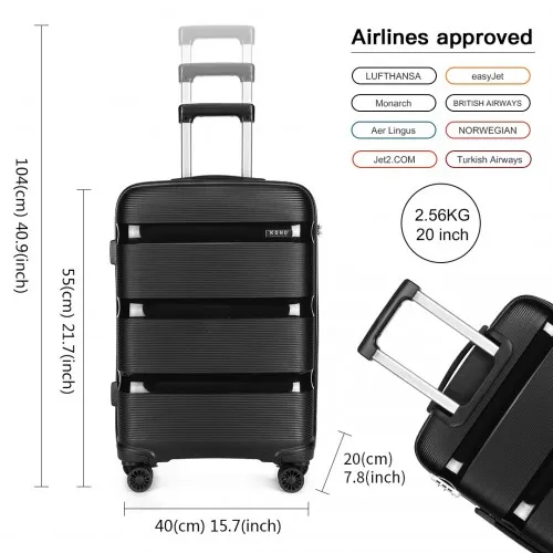 Kono 20 Inch Bright Hard Shell PP Carry-On Suitcase - Cabin Size, Black | Durable & Stylish Travel Companion