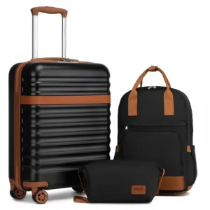 Kono 20 Inch Stylish Hard Shell Cabin Suitcase Set with Multi-Compartment Backpack and Small Pouch - Black & Brown 3 Piece Travel Set