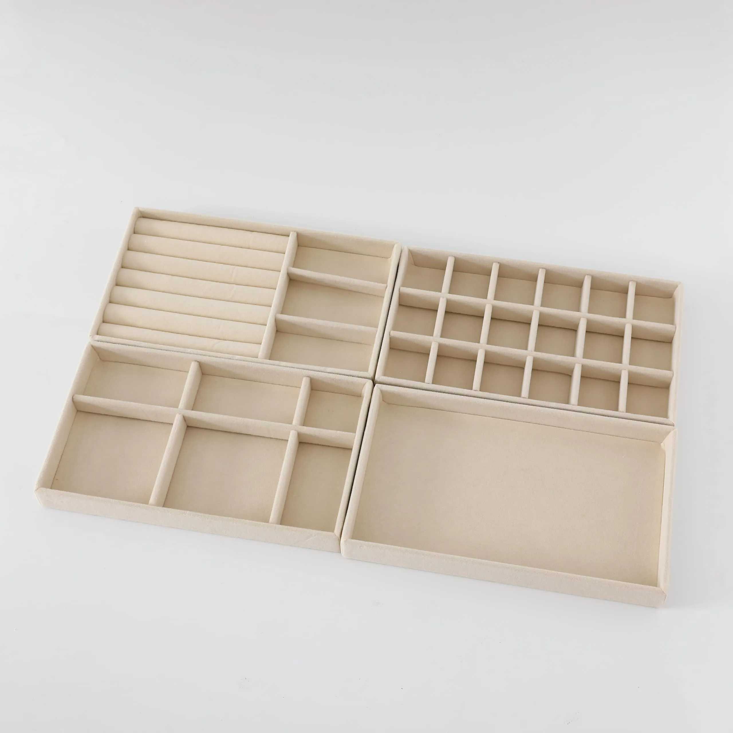 Kuber Industries 16 Pieces Velvet Jewelry Trays Organizer | Jewelry Storage Box | Jewelry Organizer | Showcase Holder Dresser Organizer for Earring Necklace Bracelet Ring | Pack of 4 | YBL4-01|Beige