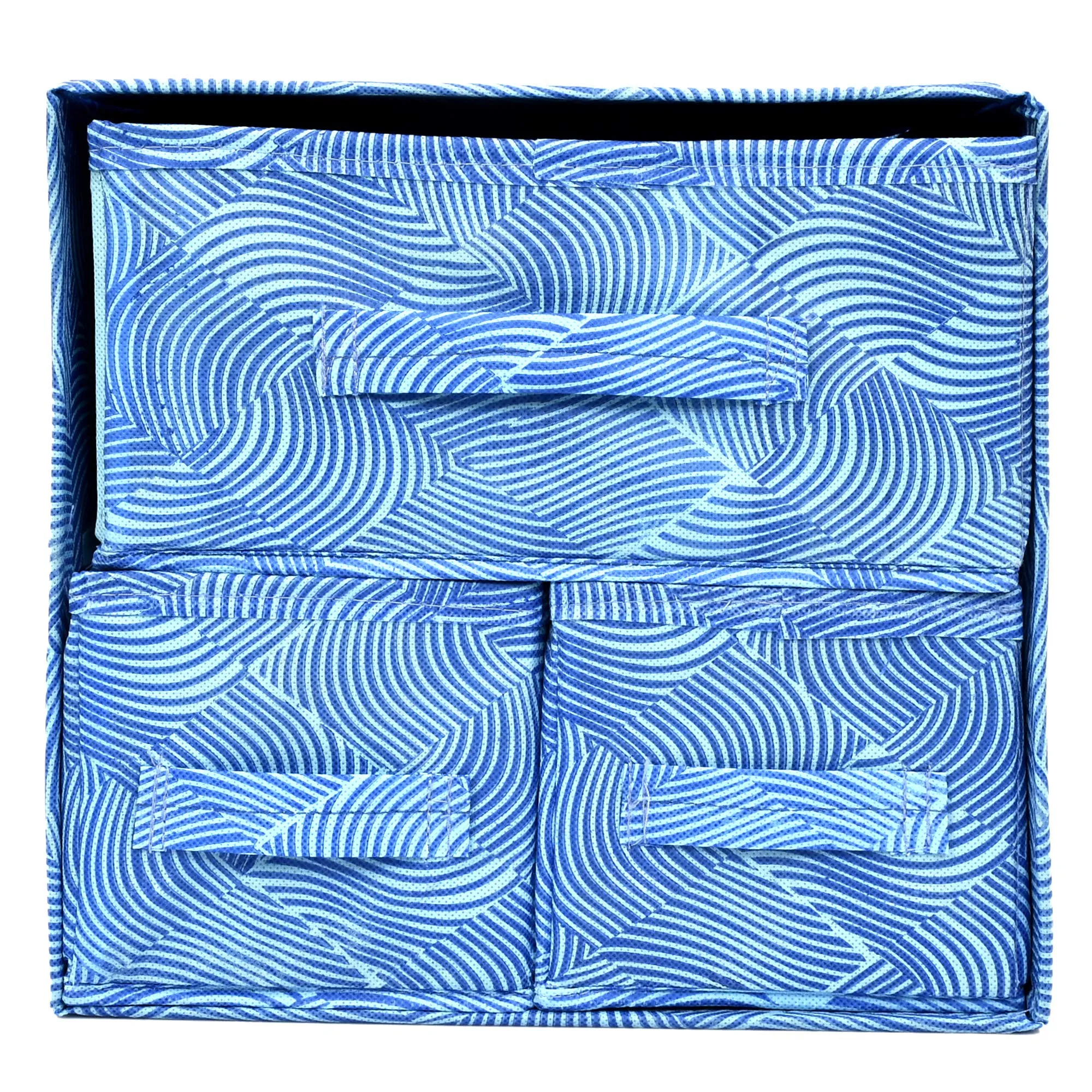 Kuber Industries Leheriya Print 2 Layer 3-Drawer Fabric Cube Foldable Storage Organizer Box, Dressing Organizer, Jewellery Organizer (Set of 2, Blue)-KUBMART2145