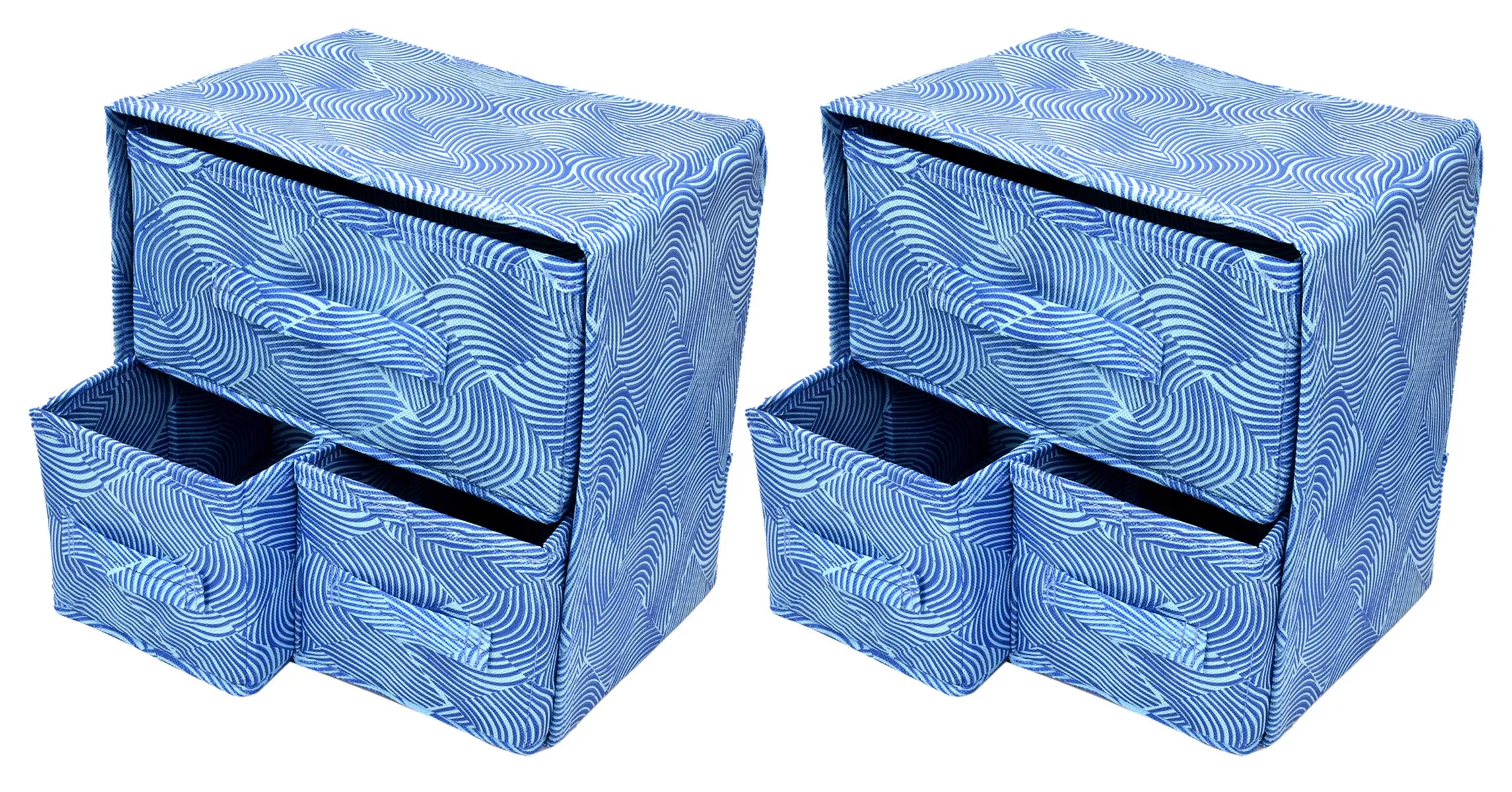 Kuber Industries Leheriya Print 2 Layer 3-Drawer Fabric Cube Foldable Storage Organizer Box, Dressing Organizer, Jewellery Organizer (Set of 2, Blue)-KUBMART2145