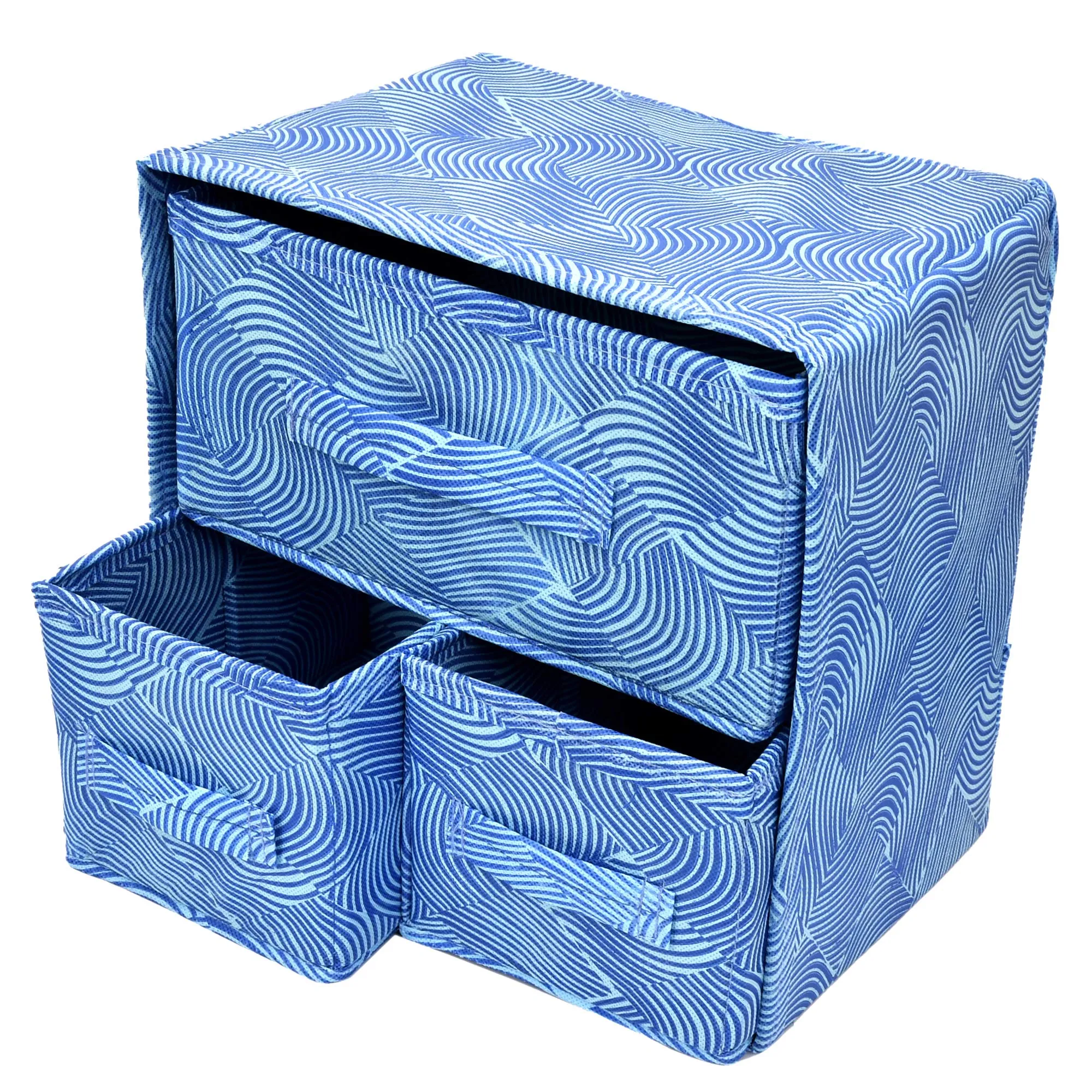 Kuber Industries Leheriya Print 2 Layer 3-Drawer Fabric Cube Foldable Storage Organizer Box, Dressing Organizer, Jewellery Organizer (Set of 2, Blue)-KUBMART2145