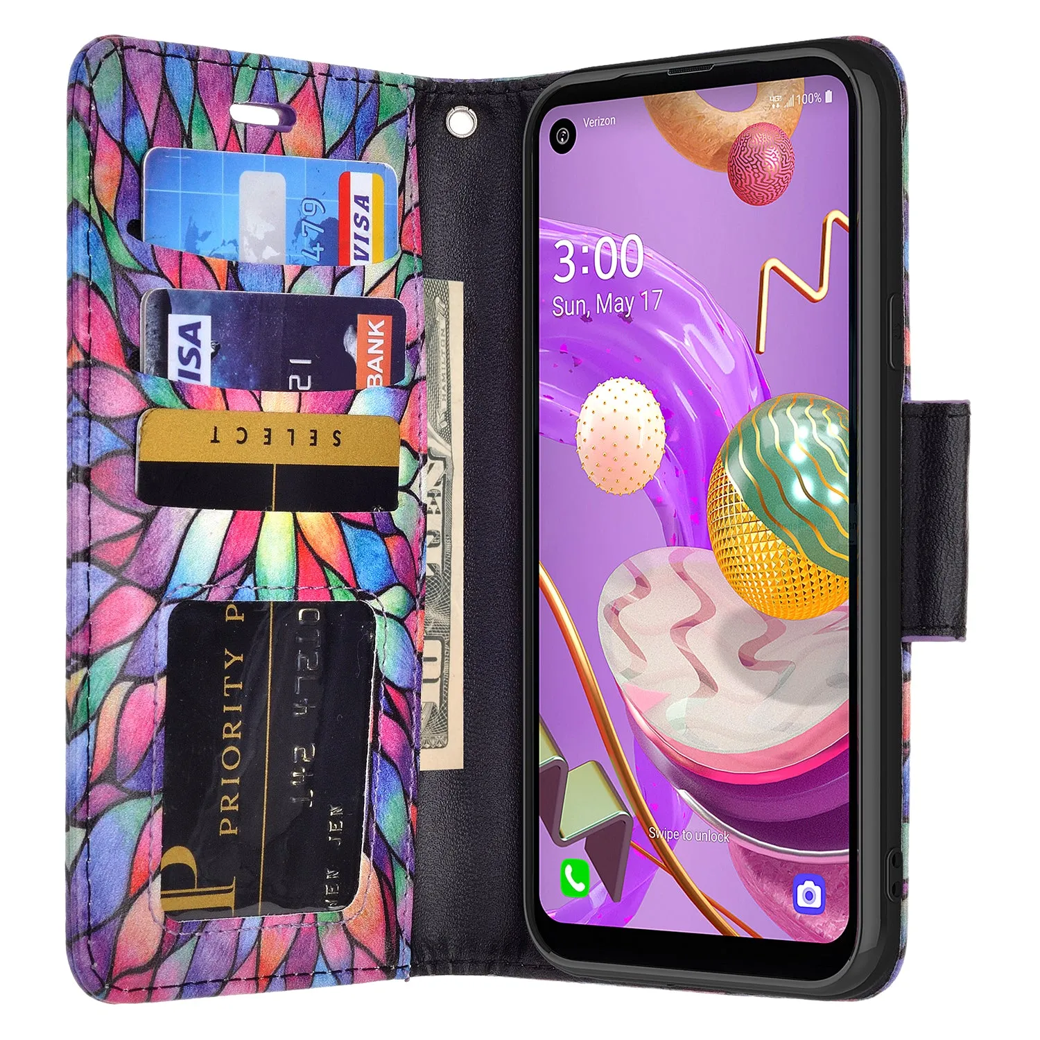 LG K51 Wallet Case, Wrist Strap Pu Leather Wallet Case [Kickstand] with ID & Credit Card Slots - Rainbow Flower