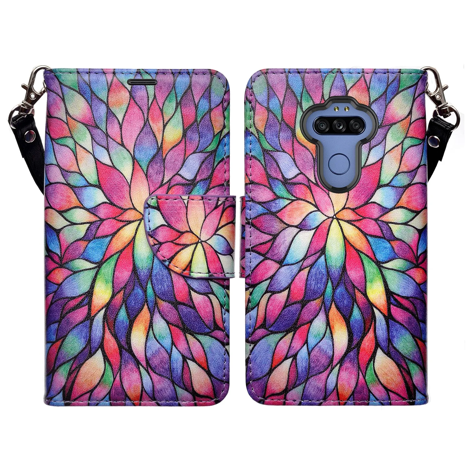 LG K51 Wallet Case, Wrist Strap Pu Leather Wallet Case [Kickstand] with ID & Credit Card Slots - Rainbow Flower