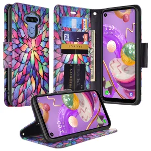 LG K51 Wallet Case, Wrist Strap Pu Leather Wallet Case [Kickstand] with ID & Credit Card Slots - Rainbow Flower