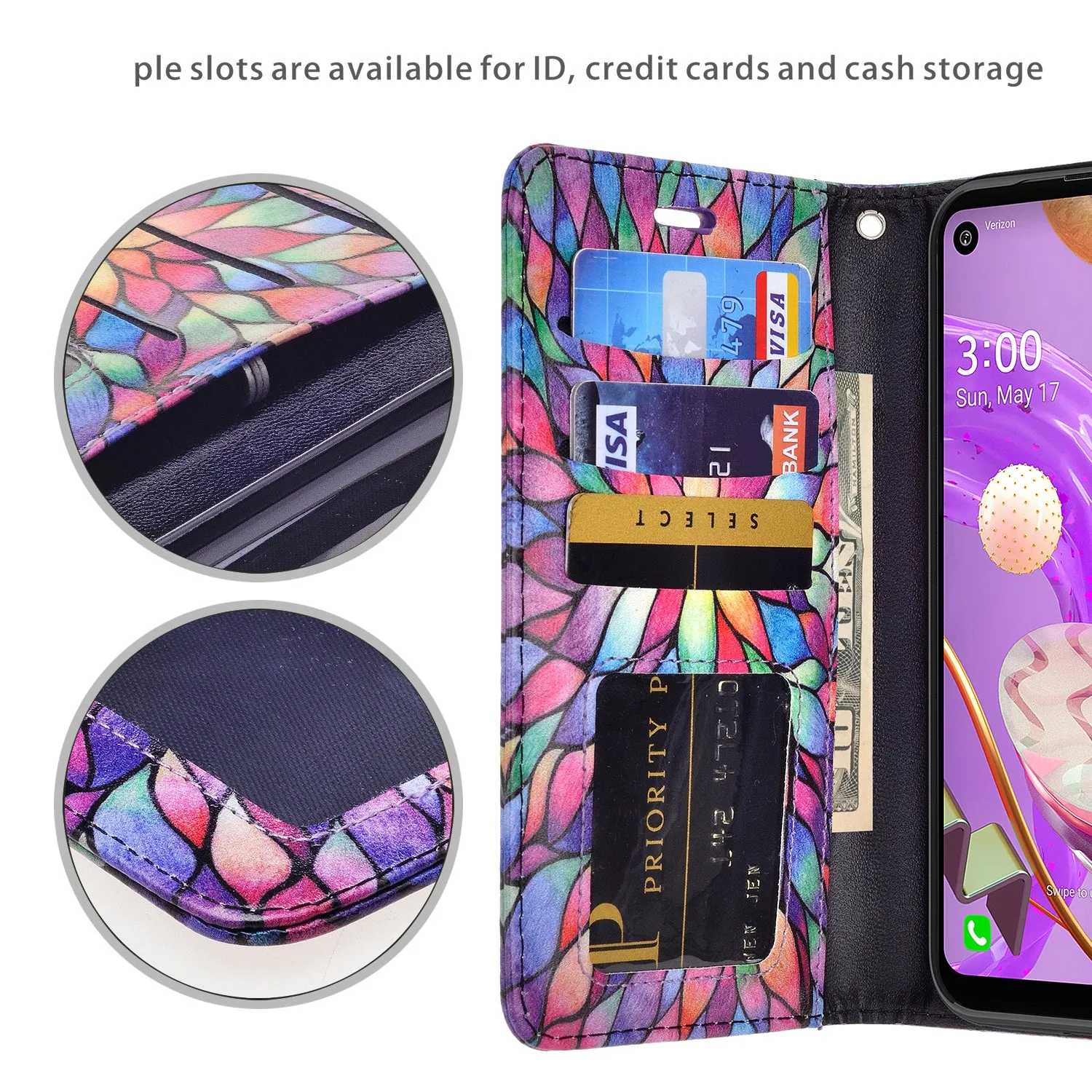 LG K51 Wallet Case, Wrist Strap Pu Leather Wallet Case [Kickstand] with ID & Credit Card Slots - Rainbow Flower