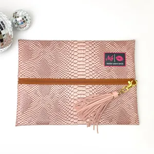 Makeup Junkie | Medium Copperazzi Lay Flat Bag in Dusty Pink Snake Print