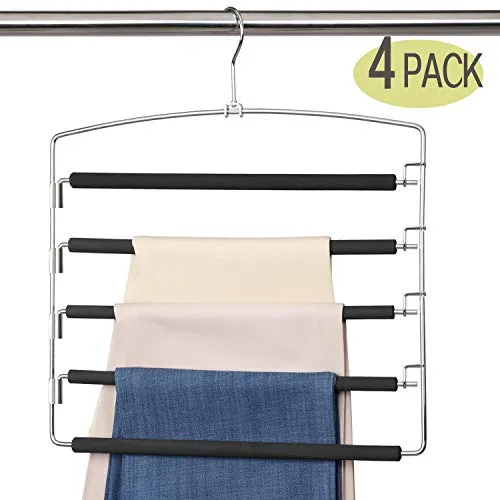 Meetu Pants Hangers 5 Layers Stainless Steel Non-Slip Foam Padded Swing Arm Space Saving Clothes Slack Hangers Closet Storage Organizer for Pants Jeans Trousers Skirts Scarf Ties Towels (4 Pack)