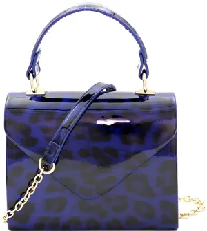 Mini Retro Leopard Patent Blue Box Flap leather Satchel Crossbody Handbag