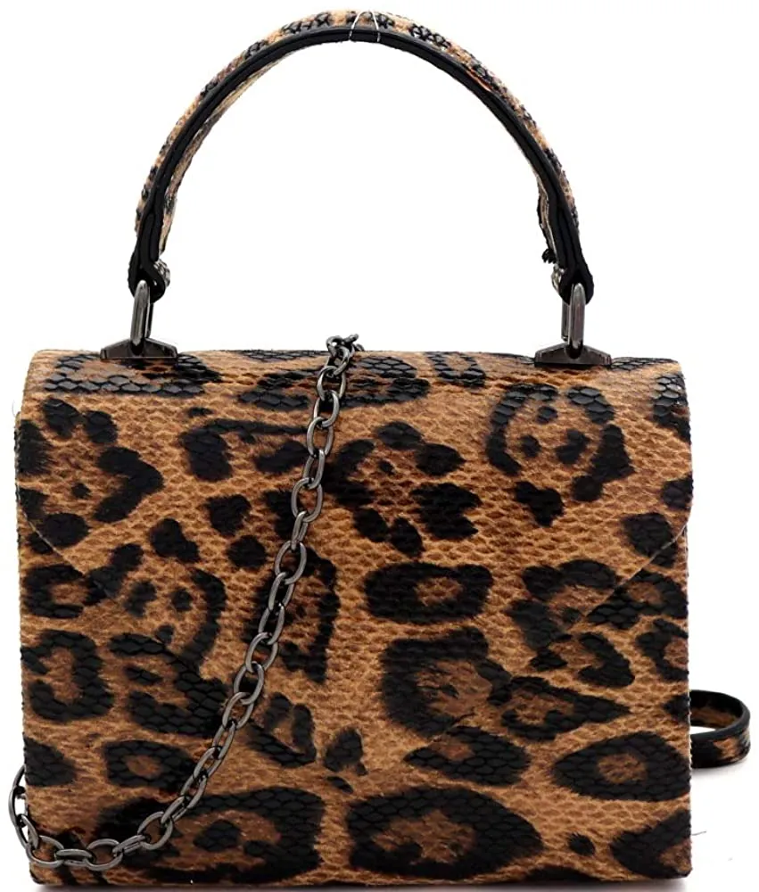 Mini Retro Leopard Patent Gray Box Flap leather Satchel Crossbody Handbag