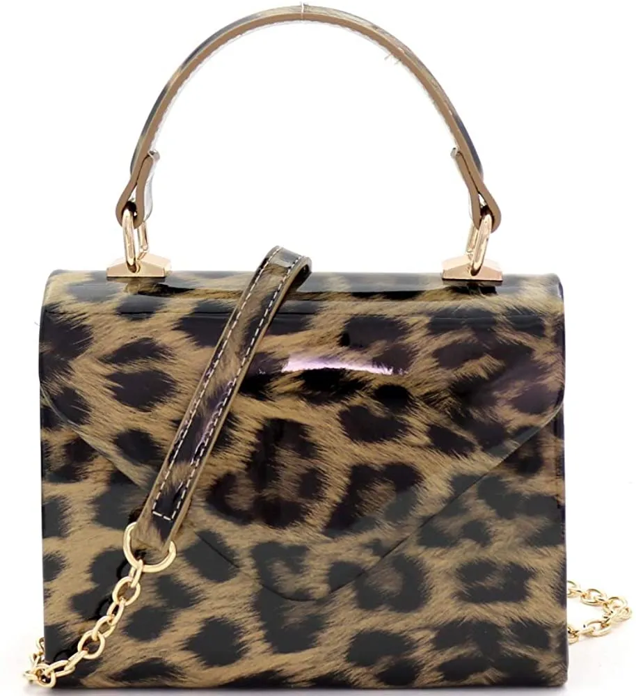 Mini Retro Leopard Patent Gray Box Flap leather Satchel Crossbody Handbag