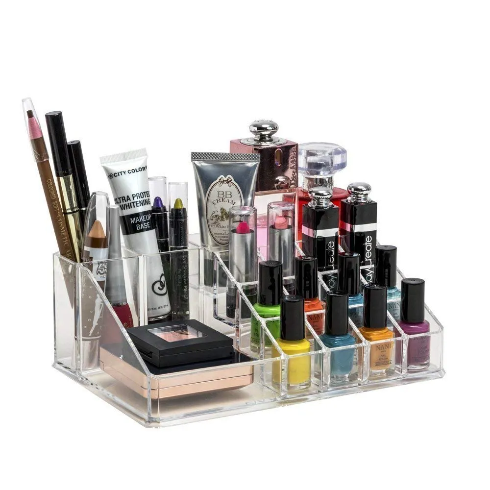 Plastic 16 Compartment Cosmetic Display Cases Makeup Lipstick Storage Organizer Holder Box Case,Transparent (22L x 12.2W x 7.5H)