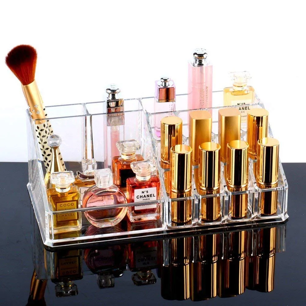 Plastic 16 Compartment Cosmetic Display Cases Makeup Lipstick Storage Organizer Holder Box Case,Transparent (22L x 12.2W x 7.5H)